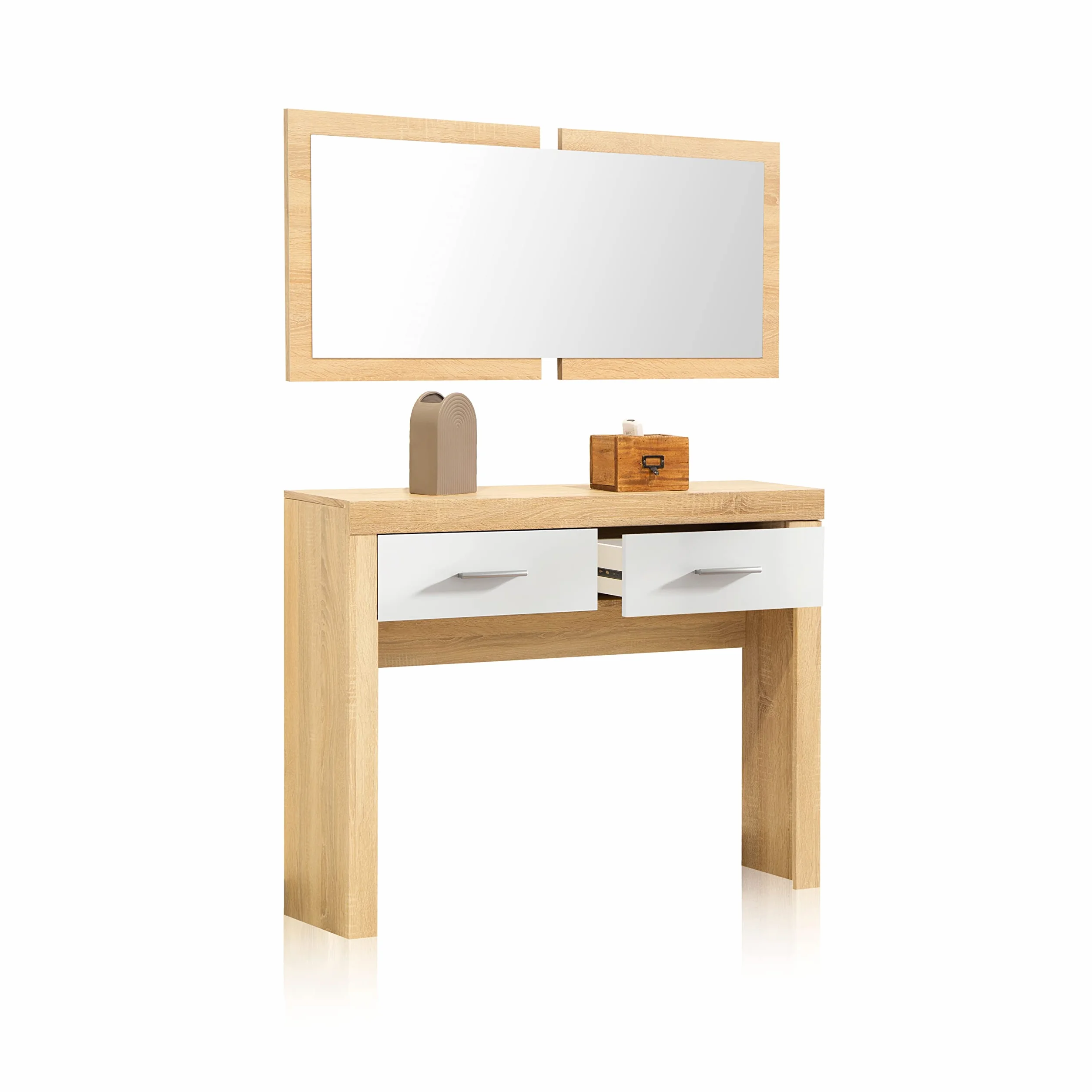 duehome | Recibidor Dos cajones y Espejo, Mueble de Entrada Acabado en Cambria y Blanco, Modelo Nuka, Medidas: 115 cm (Largo) x 26 cm (Fondo) x 85 cm (Alto)