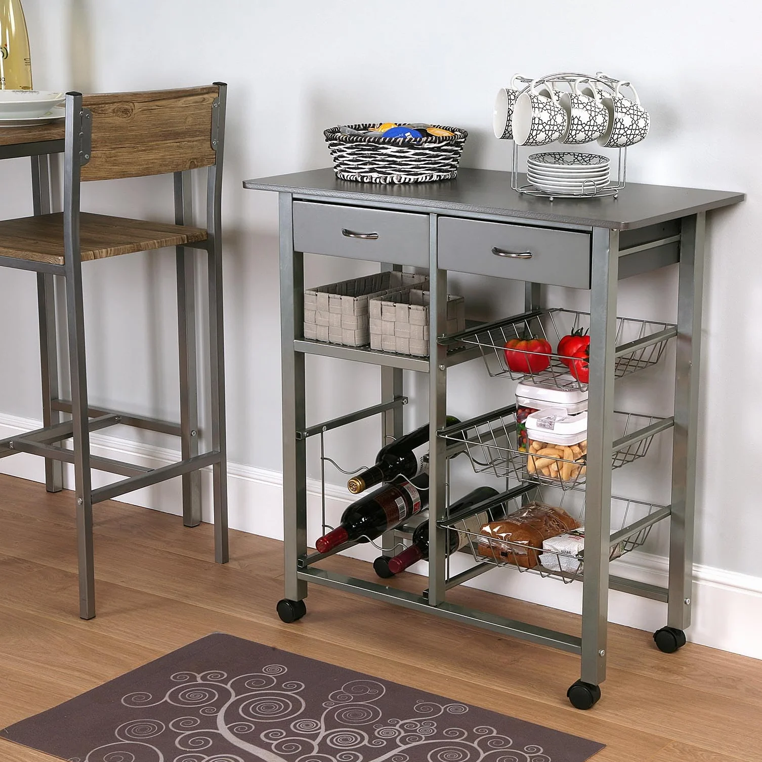 Versa Leicester Carro de Cocina con Ruedas, cajones y botellero, Verdulero con despensa y organizadores, Almacenaje de Cocina, Medidas (Al x L x An) 82 x 40 x 76 cm, Madera y Metal, Color Gris
