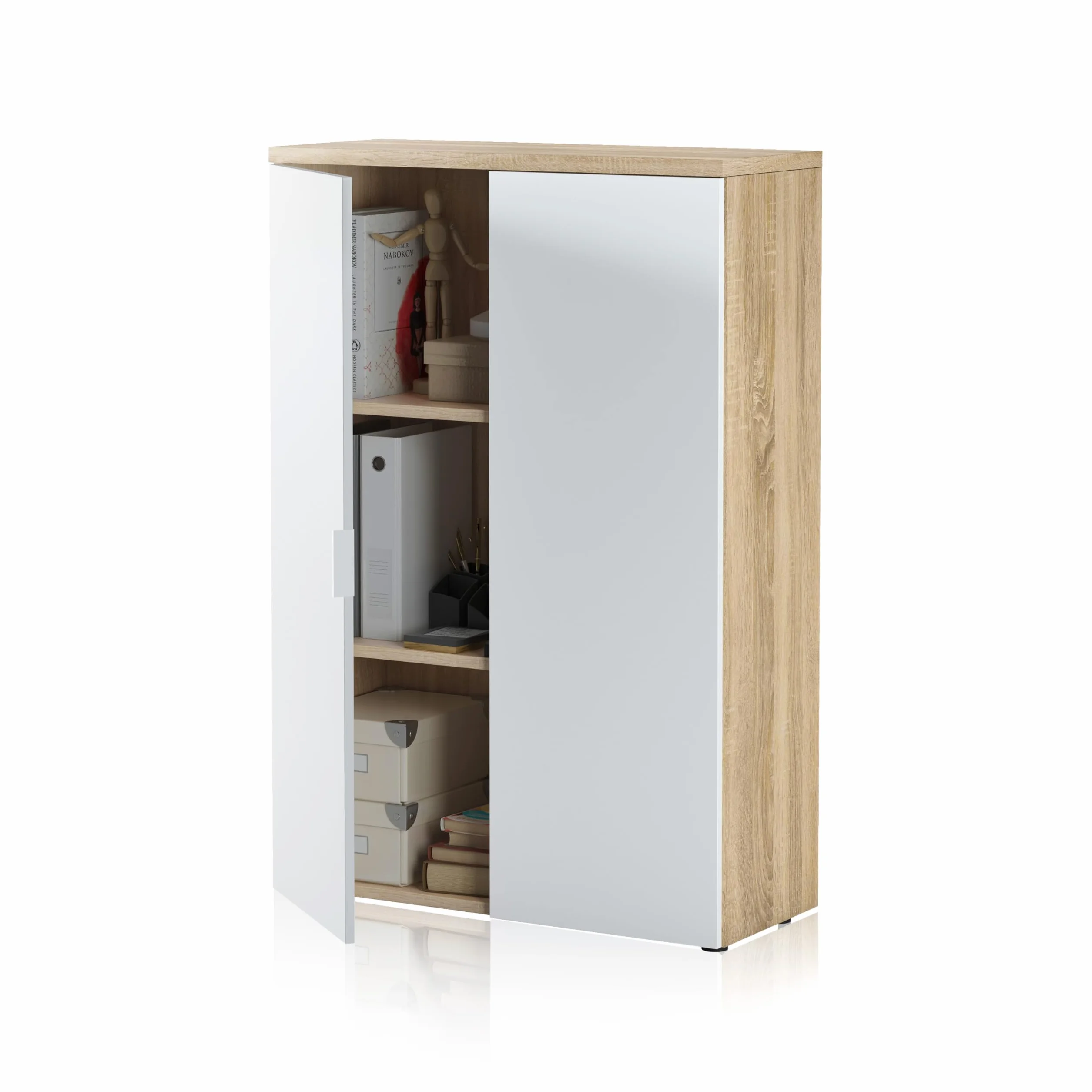 duehome | Mueble Auxiliar Despacho, Armario Estudio, Modelo Work, Acabado en Blanco Artik y Roble Canadian, Medidas: 119 cm (Alto) x 80 cm (Ancho) x 32,5 cm (Fondo)