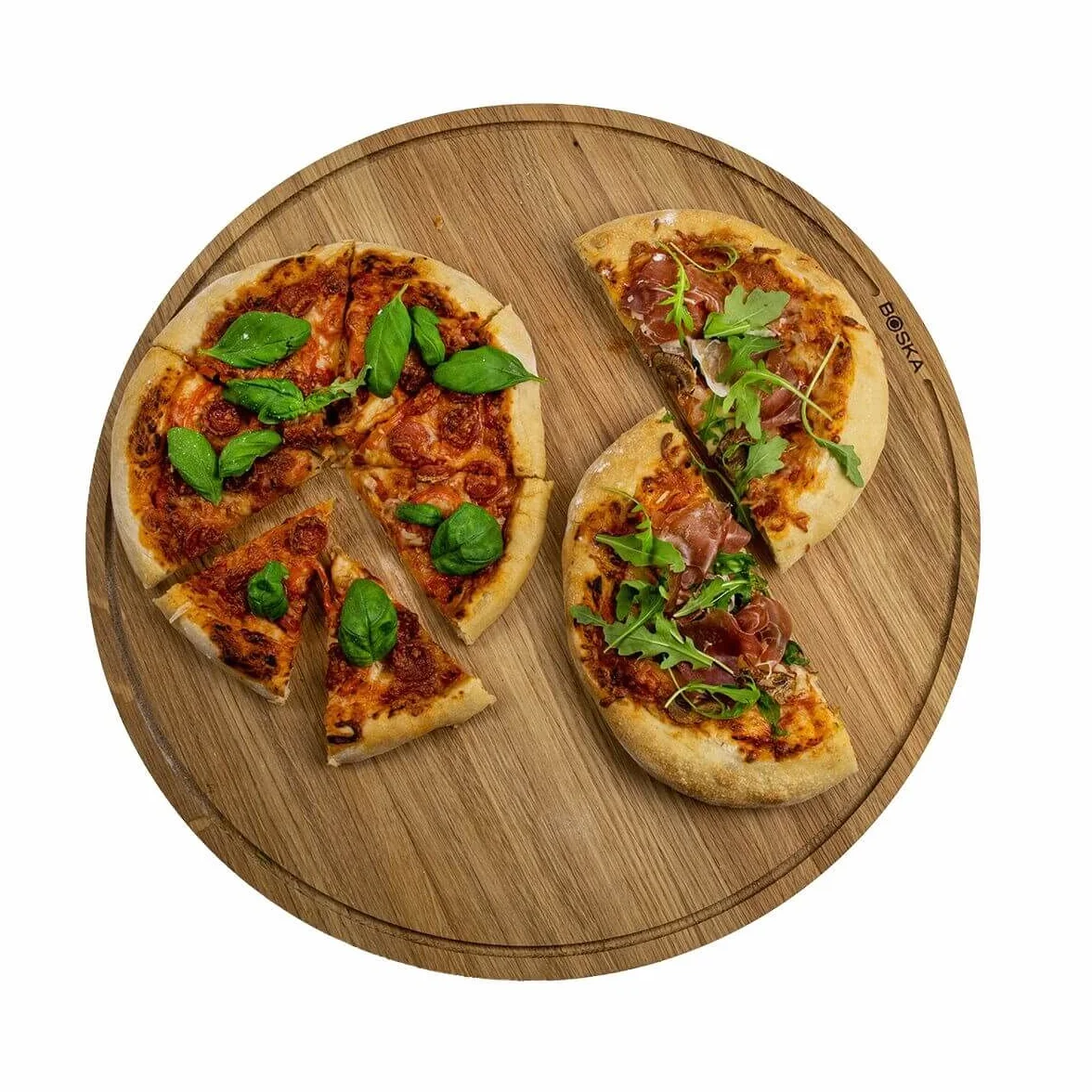 BOSKA Tabla de pizza Friends XXL - Plato de pizza de madera de roble - Diámetro: 47 cm - Plato de pizza redondo con bandeja de recogida práctica - También apto para desayuno, almuerzo y