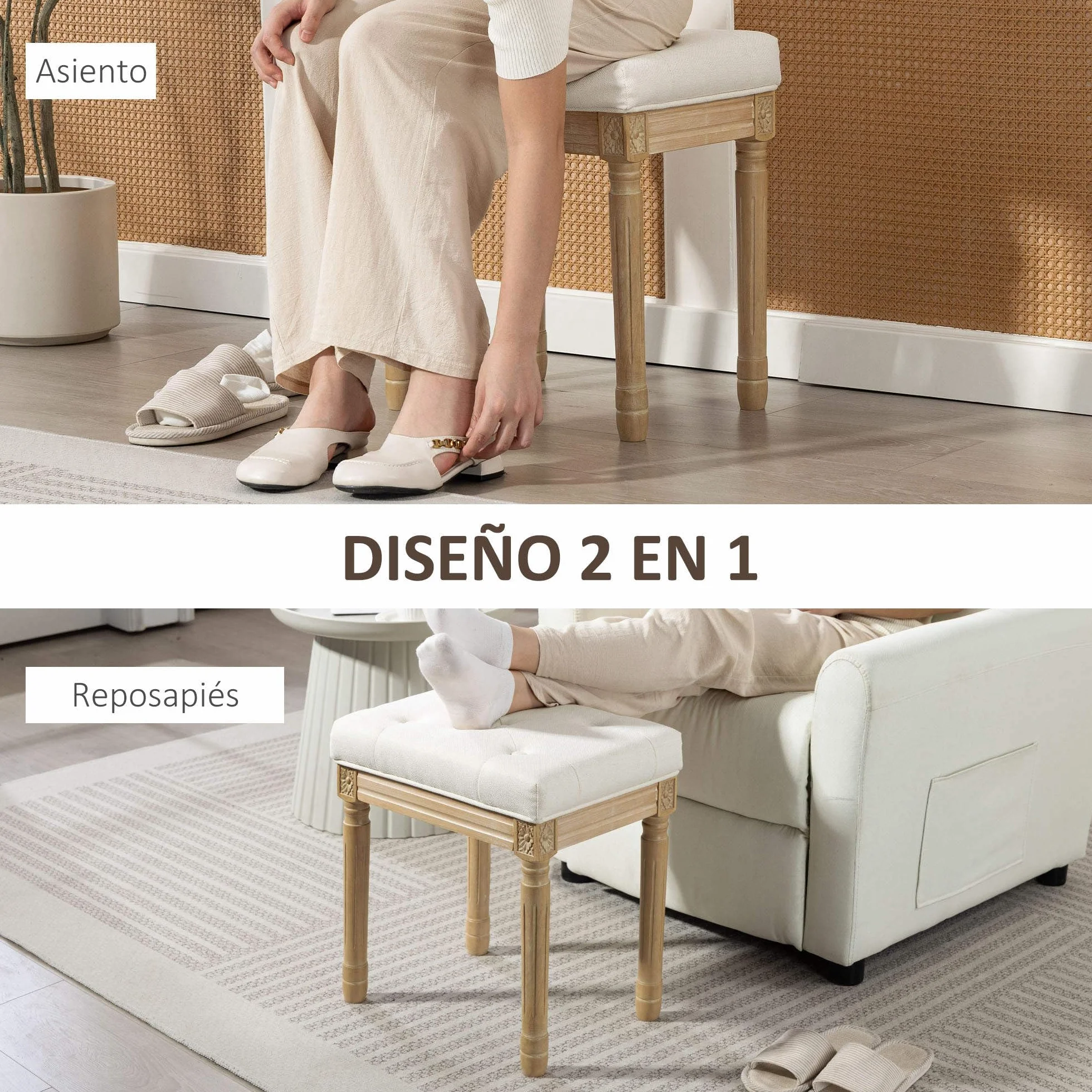 HOMCOM Reposapiés Salón Rústico Tapizado para Dormitorio Sofá Beige | Taburete Bajo, Lino Sintético, Patas Talladas de Madera, Otomana