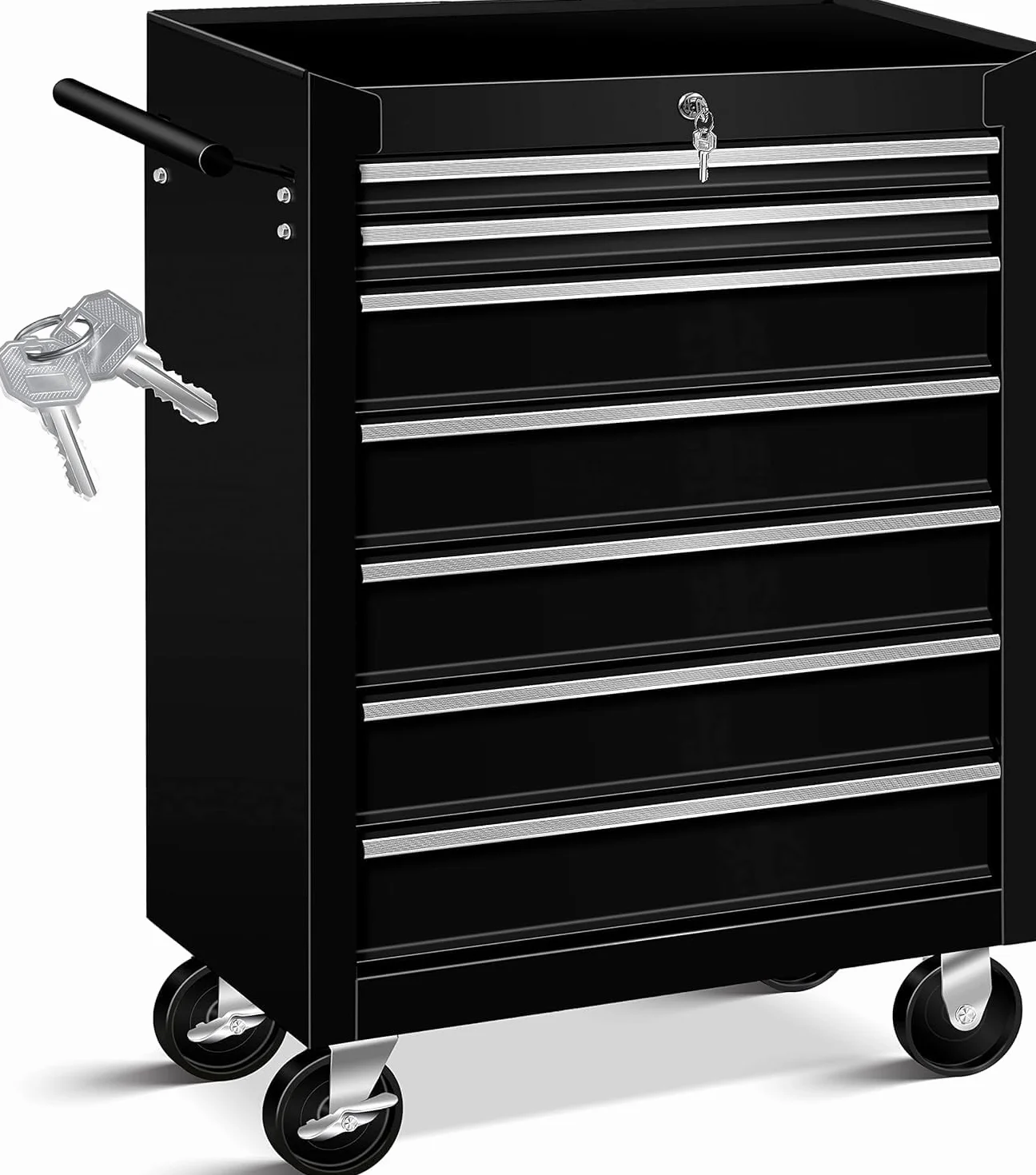 Masko® Carro de taller para herramientas, con 7 cajones, negro, metal macizo, profesional, portátil, con ruedas, bloqueable, con cerradura, no incluye herramientas