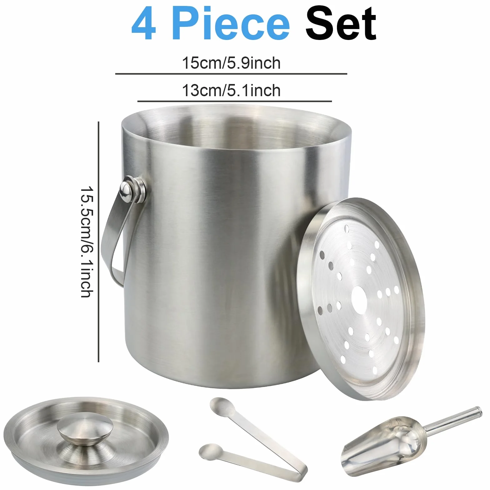 Cubiteras Acero Inoxidable, 2L Cubo de Hielo con Pinza y Tapa, Cubiteras para Hielo con Aislamiento de Doble, para Enfriador