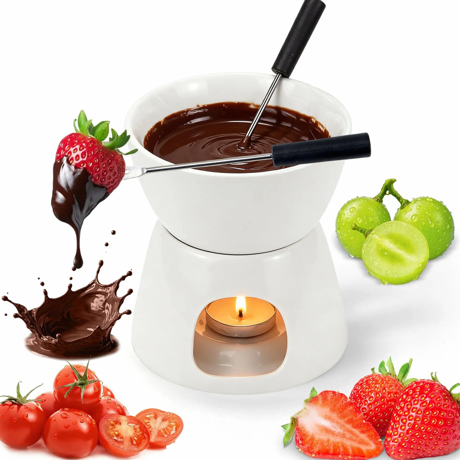 Set de Fondue de Chocolate 300 ml – Olla de Cerámica con 2 Tenedores, Mini Cazuela