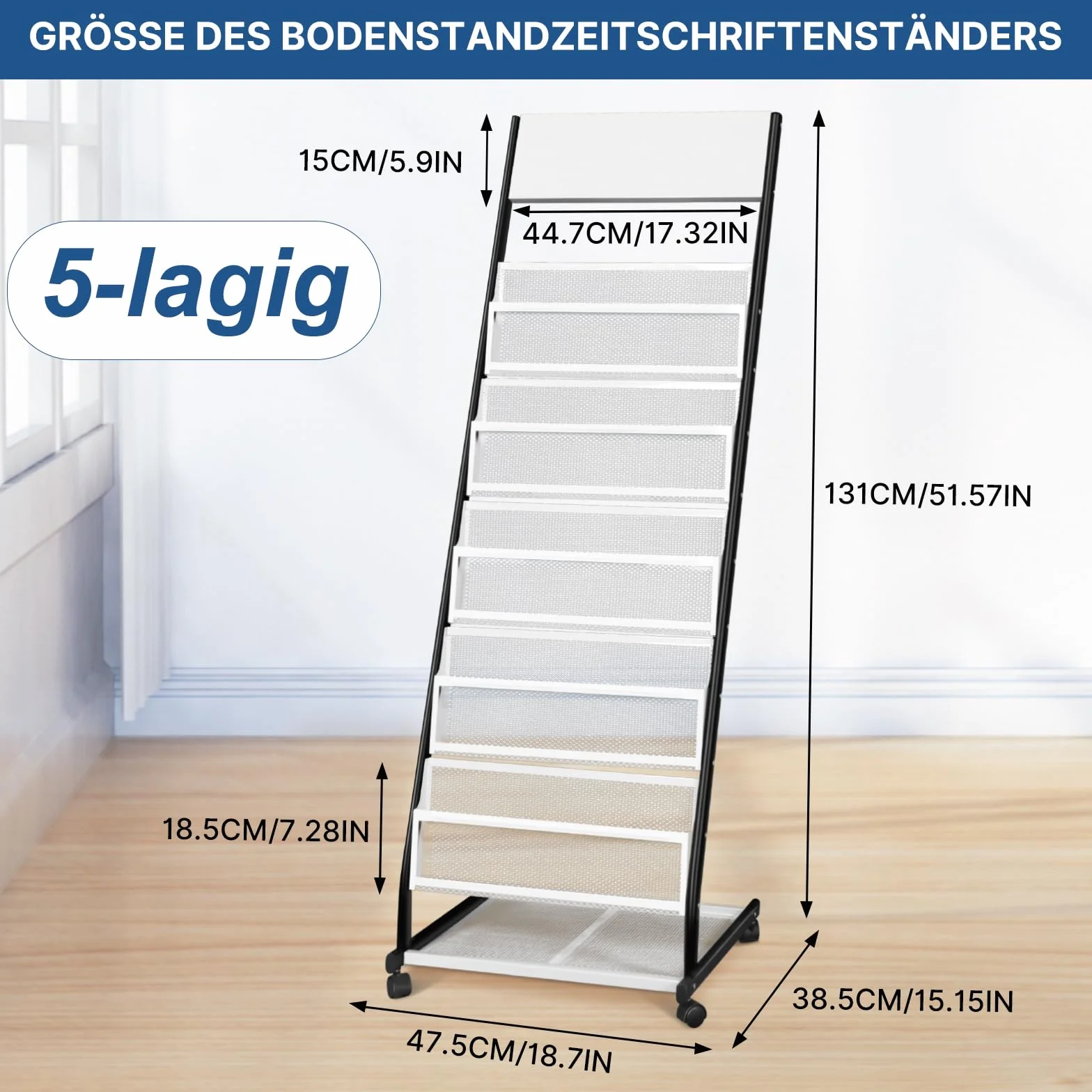 SUNDOY Revistero con ruedas 5 capas 47,5 cm de ancho para folletos y catálogos