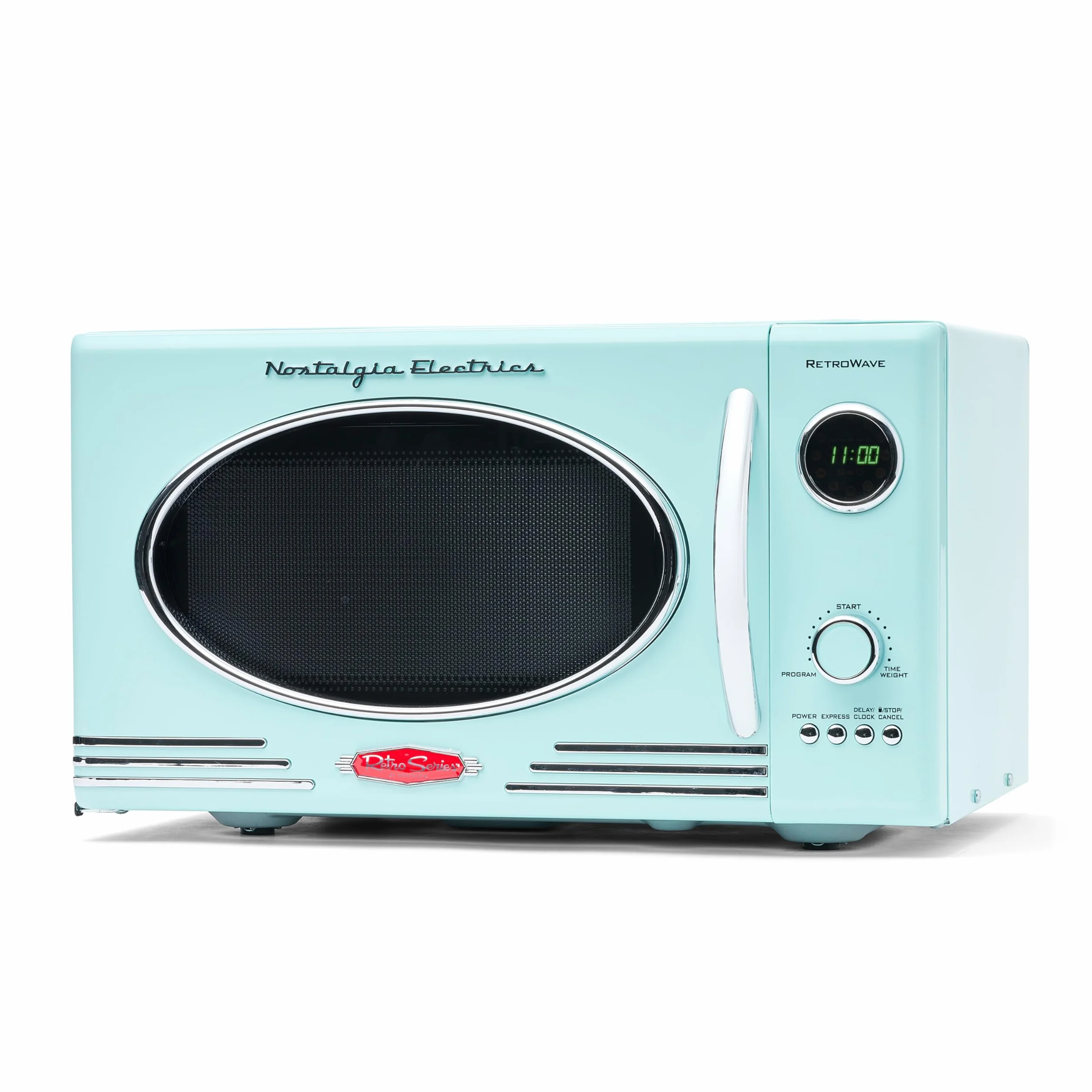 Nostalgia Microondas Retro de Encimera - Gran Potencia de 800 Vatios - 25 Litros - 12 Programas de Cocción Preestablecidos - Reloj Digital - Electrodomésticos de Cocina - Aguamarina