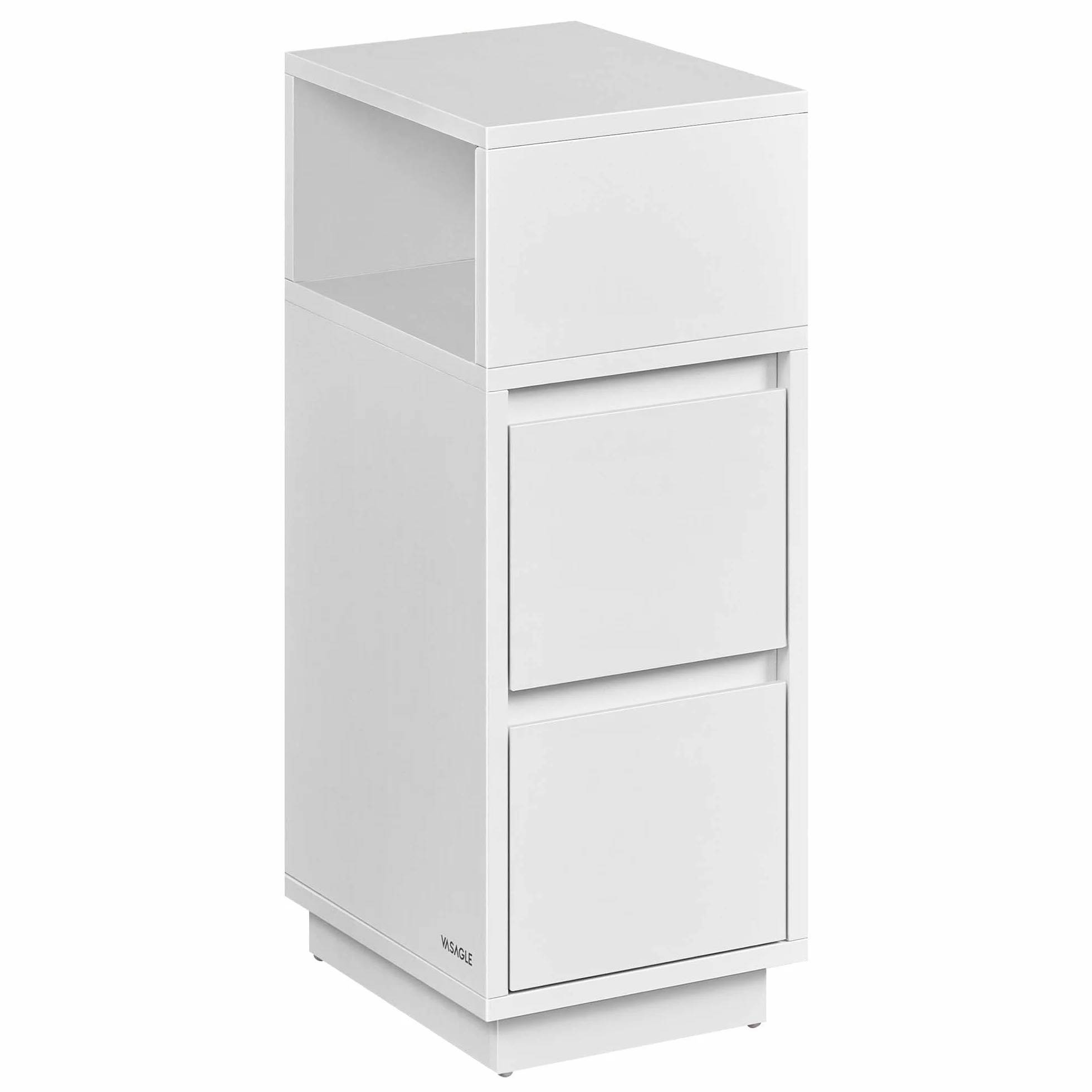 VASAGLE Kailyn Colección - Mesita de Noche Estrecha, Mesa Auxiliar con 2 Cajones y Compartimento Abierto, Encajable a la Izquierda o a la Derecha, Dormitorio, Salón, Blanco Nube LET656W01V1