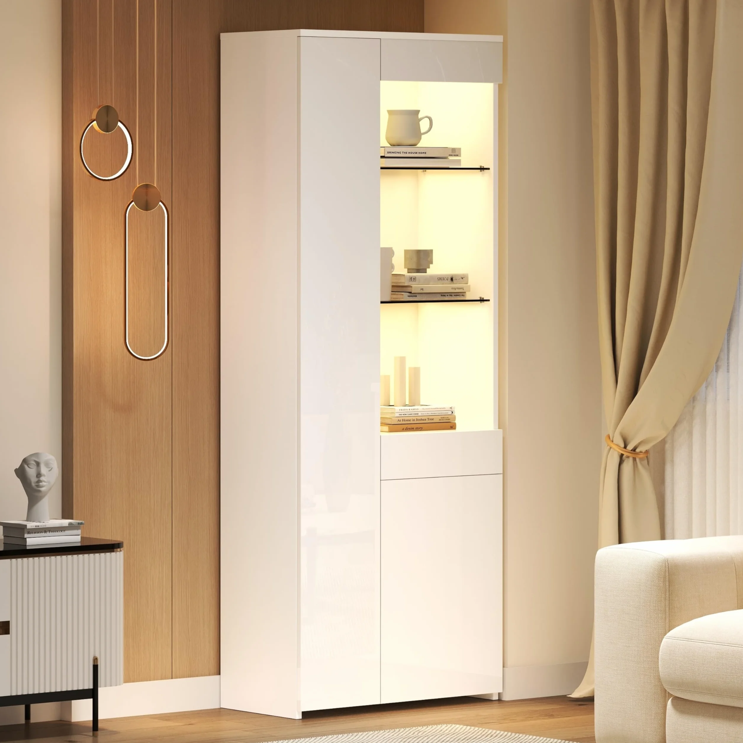 SUKY Vitrina con cajones, 70 x 35 x 180 cm, vitrina de alto brillo, vitrina de cristal con iluminación LED, armario alto con armario, vitrina de pie, almacenamiento en pared divisoria