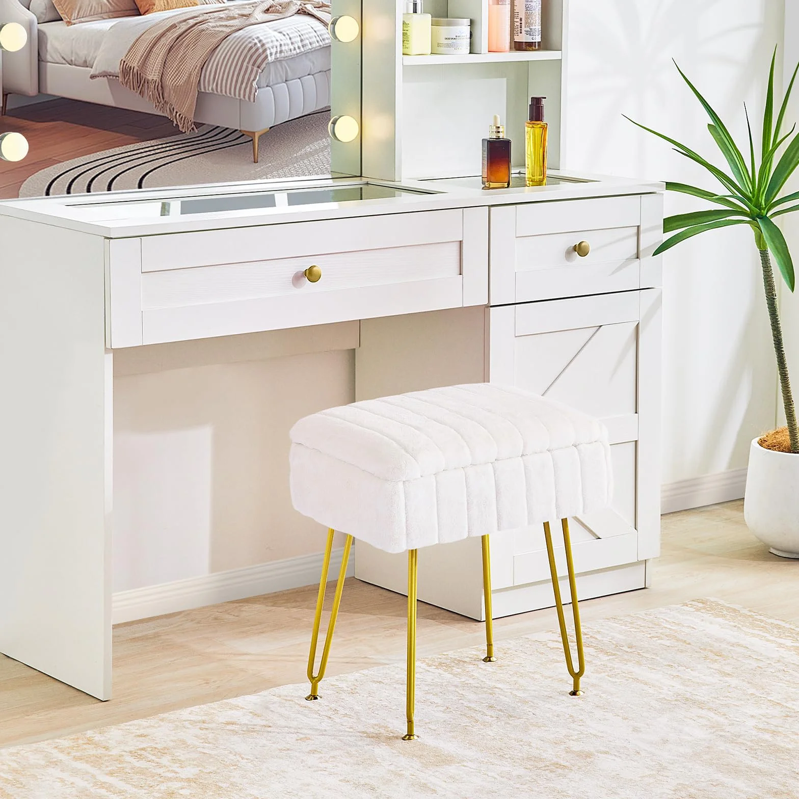 Redlife Taburete De Tocador con Almacenamiento, Sillón De Tocador De Piel Sintética, Reposapiés Otomano, Sillón De Tocador De Maquillaje para Dormitorio (Blanco)