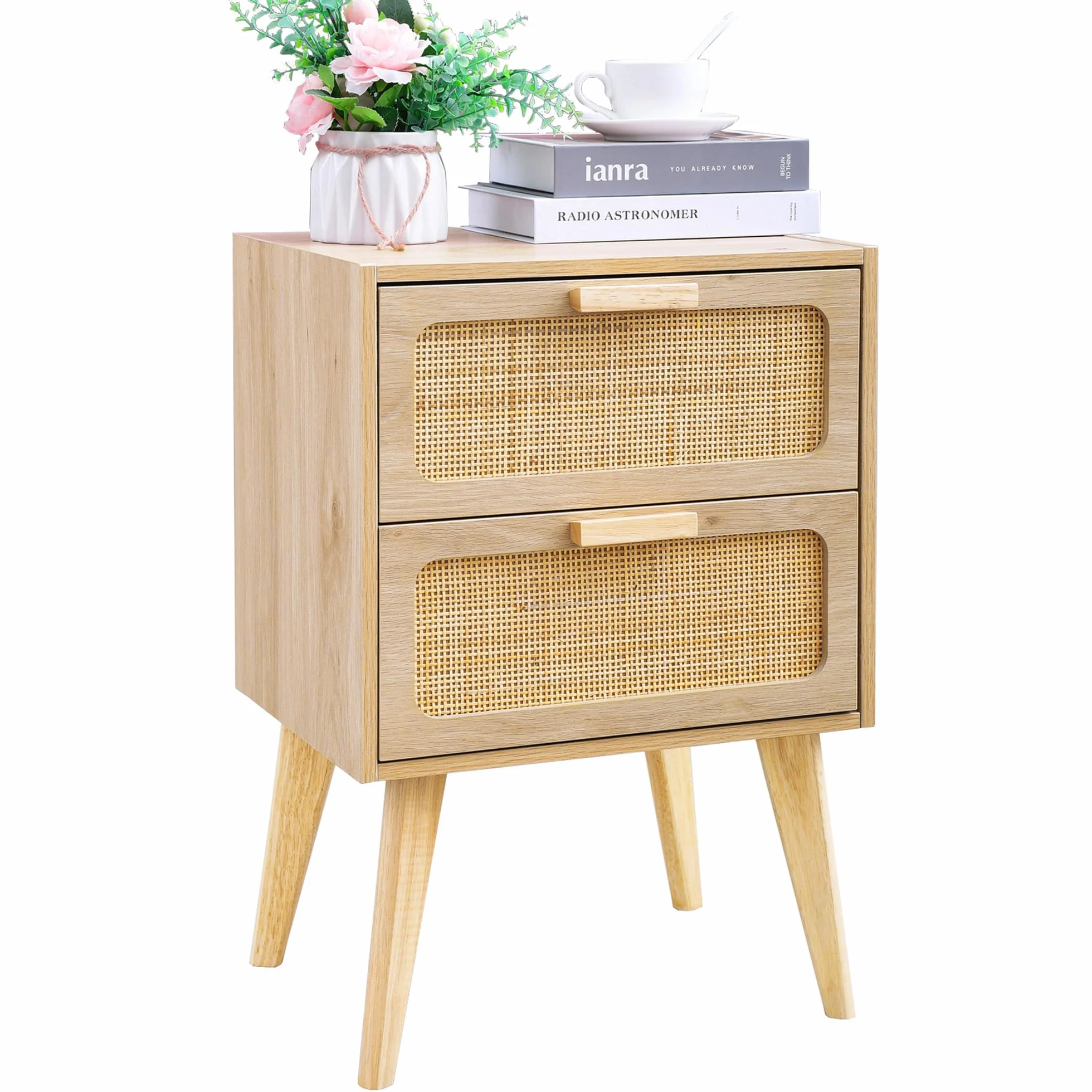 YAUKOMEL Mesita de Noche de Madera,Cajonera,Gabinete de Noche, Mesilla de Noche,mesita auxiliares,con 2 cajones Decorados de ratán, a Mano, Mesa Auxiliar,para Dormitorio, Salón,Natural DECTG59Y