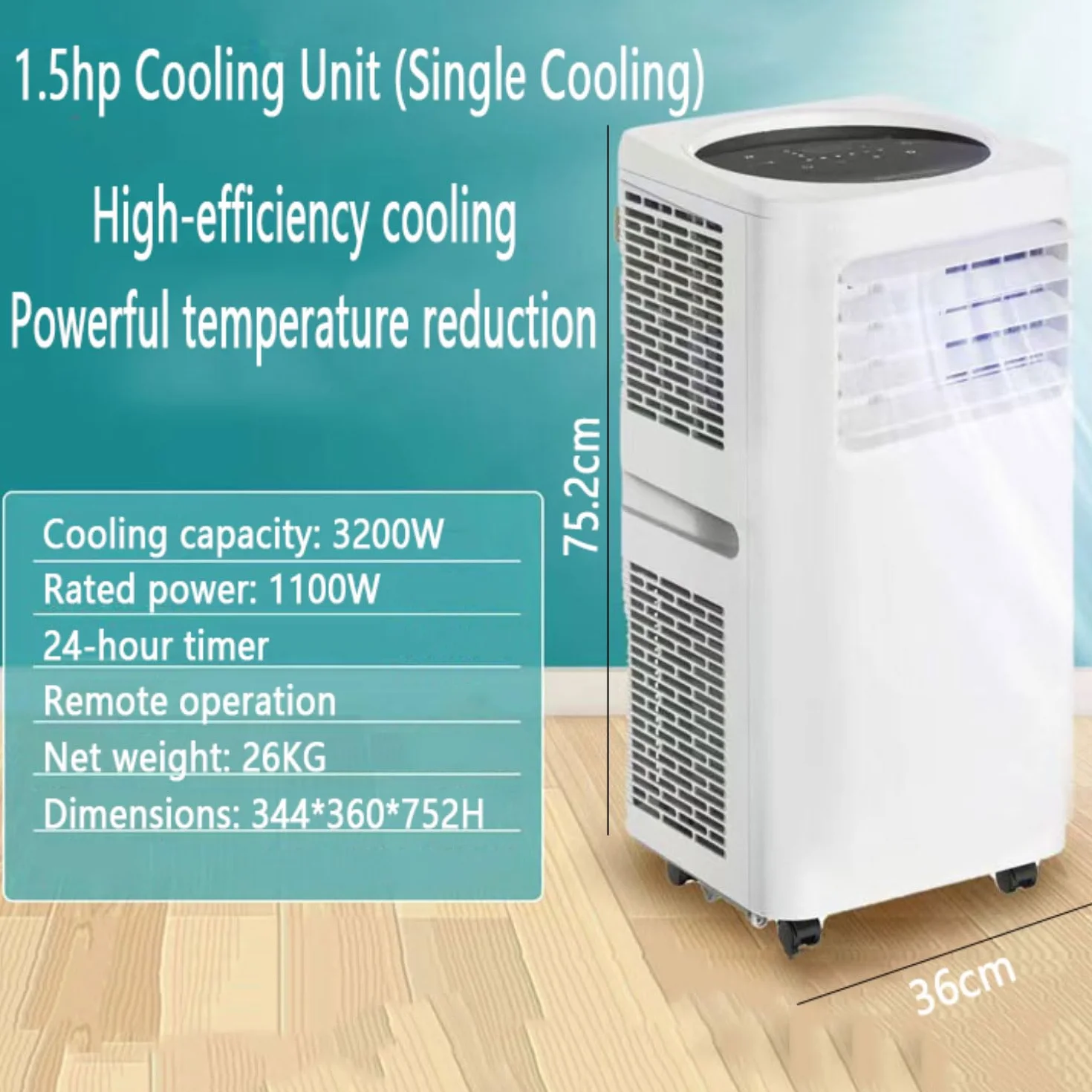 7000BTU - Aire acondicionado portátil con control remoto, temporizador de 24 horas, kit de ventana, 2 velocidades, 3 modos de ventilador de refrigeración para habitación y oficina