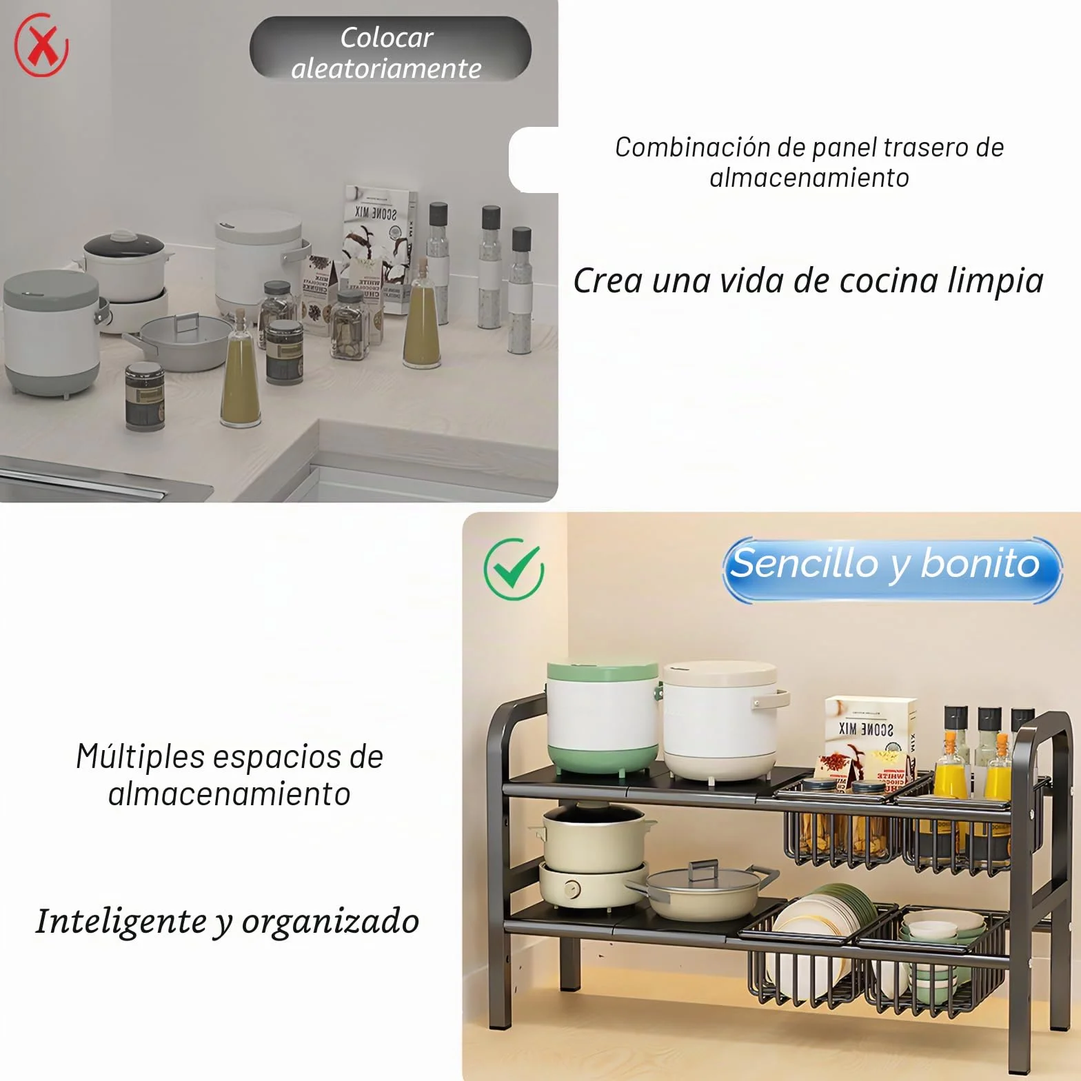 ViWaVee Organizador Cocina Bajo Fregadero Extensible 53-93cm para Armario | Altura Ajustable 5cm + 4 Cestas y Placas | Multiusos Baño Balcón | Almacenaje Productos Limpieza Ollas