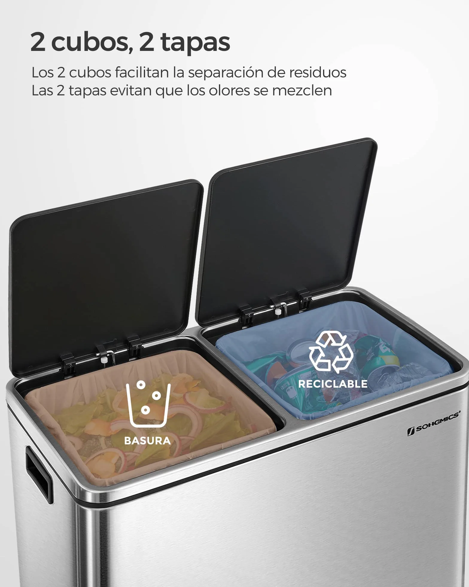 SONGMICS Cubo de Basura, 2 x 30 L, 2 Cubos, Reciclaje, Pedal de Metal, 15 Bolsas de Basura, Cubos Interiores de Plástico y Asas, Tapa con Bisagras, Cierre Suave, Hermético, Plata y Negro LTB60NL