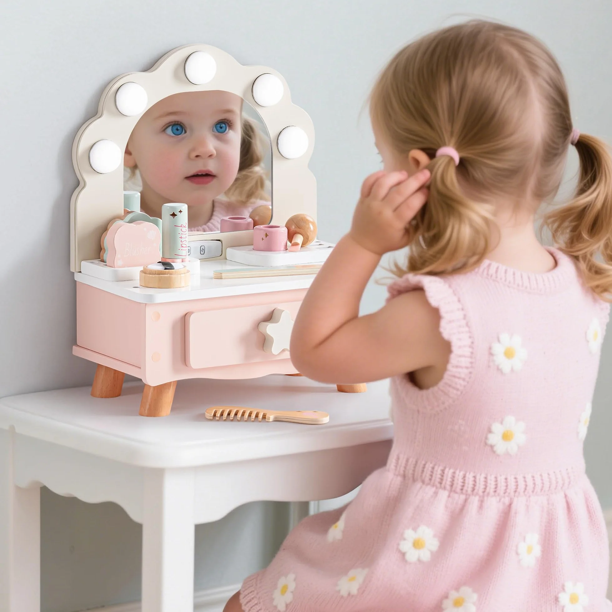 ROBUD Tocador infantil de madera con espejo para niñas