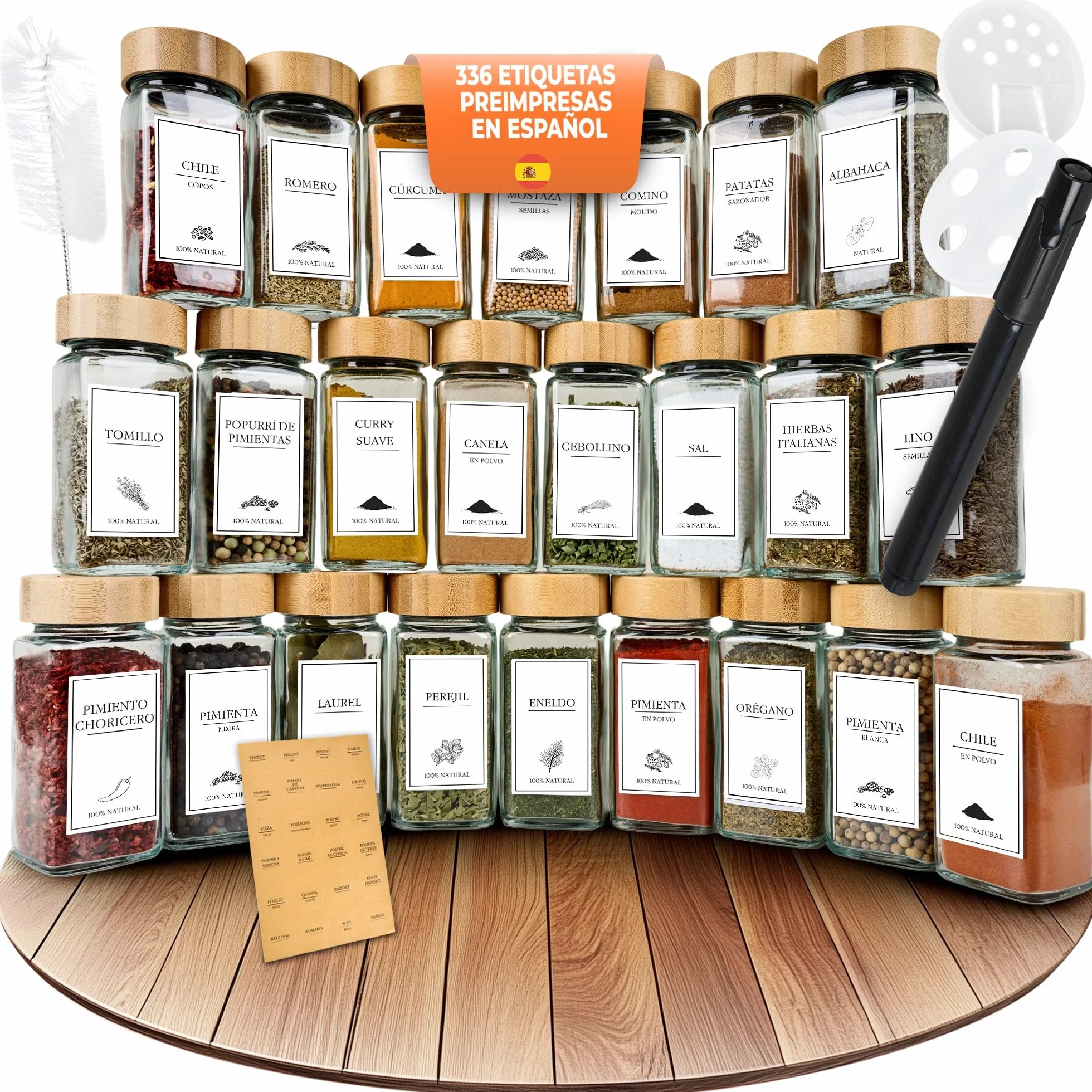 comforder – Botes Especias Cristal – Incluye 336 Etiquetas en Español y Molino – 24 Tarros de 120ml (Bambú)