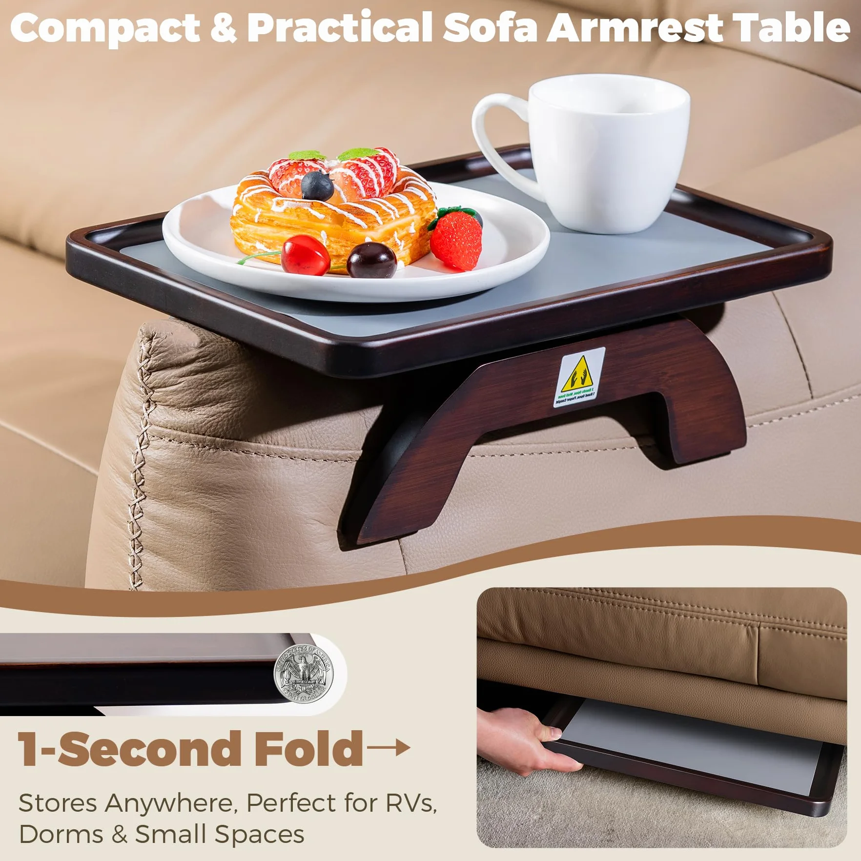 Mesa con reposabrazos de bambú natural para sofá, para bebidas, aperitivos, comer, control remoto, bandeja para brazo de sofá (marrón)
