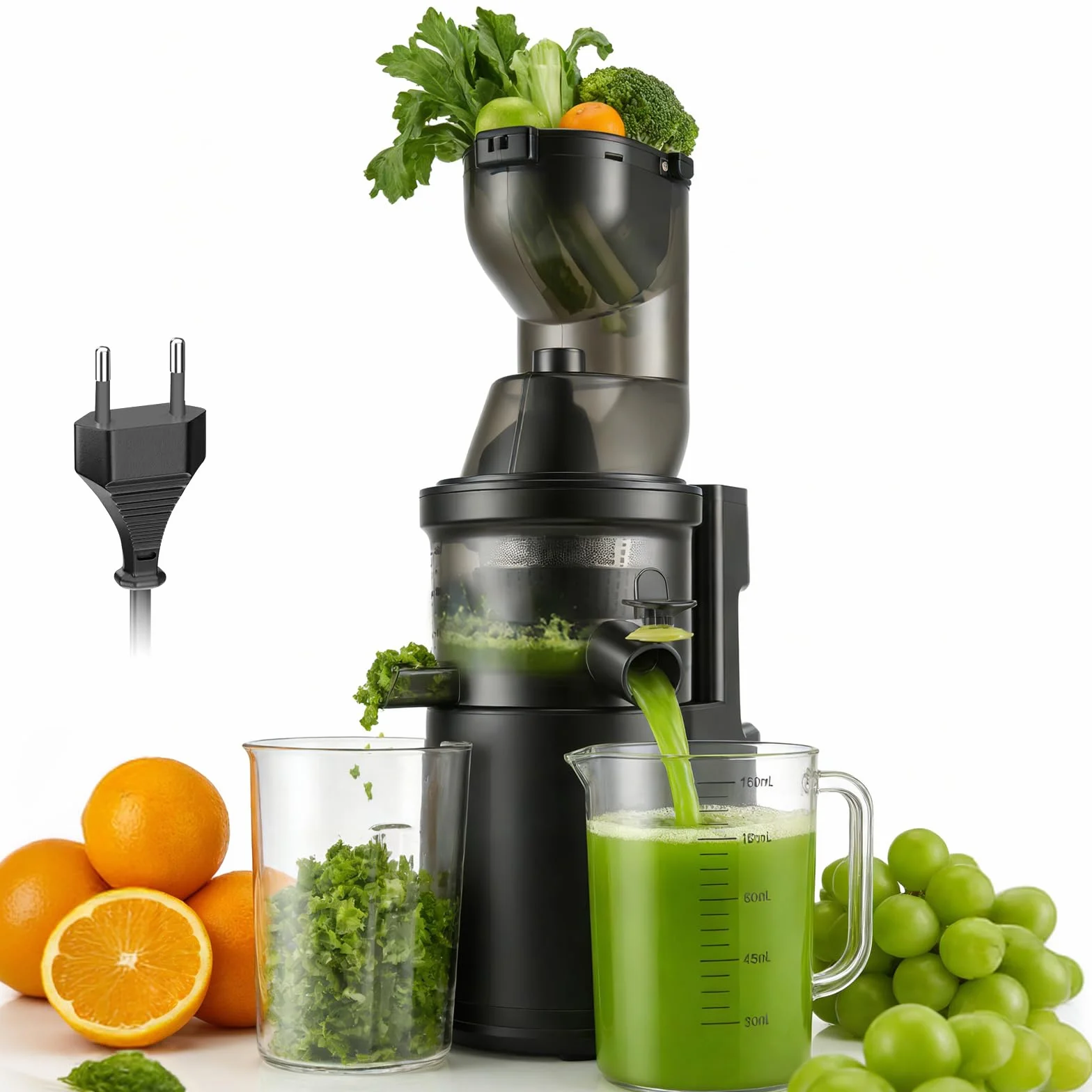 Exprimidor Lento 500W,Licuadora Eléctrica con Boquilla de Alimentación de 125mm,Exprimidor de Verduras y Frutas para Frutas Enteras y Verduras,Libre de BPA con 2 Recipientes,Cepillo y Recetas de Jugos