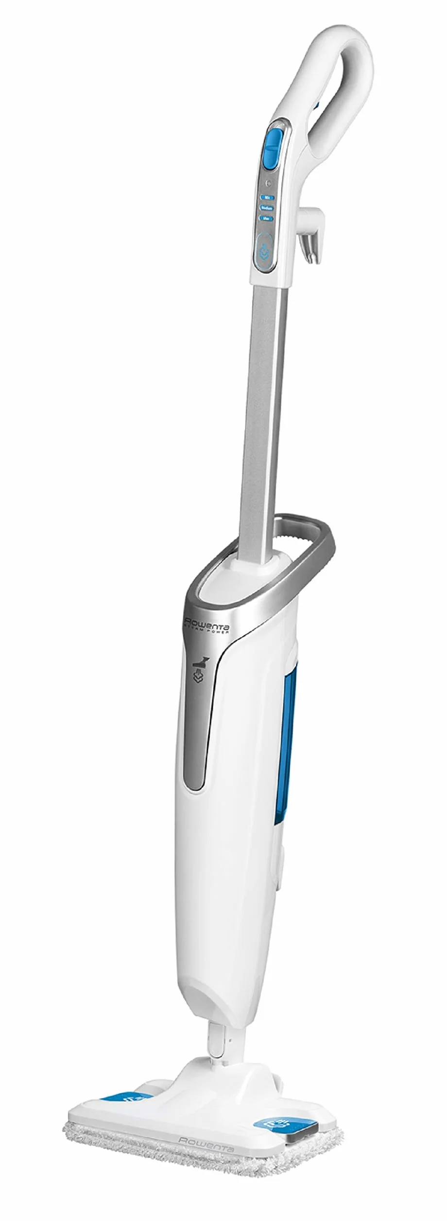Rowenta Steam Power RY6557WH - Escoba de vapor con mopa para suelos duros, 3 ajustes y cepillo para suciedad incrustada, sistema antical y fácil de almacenar, elimina el 99 % de gérmenes, fácil uso
