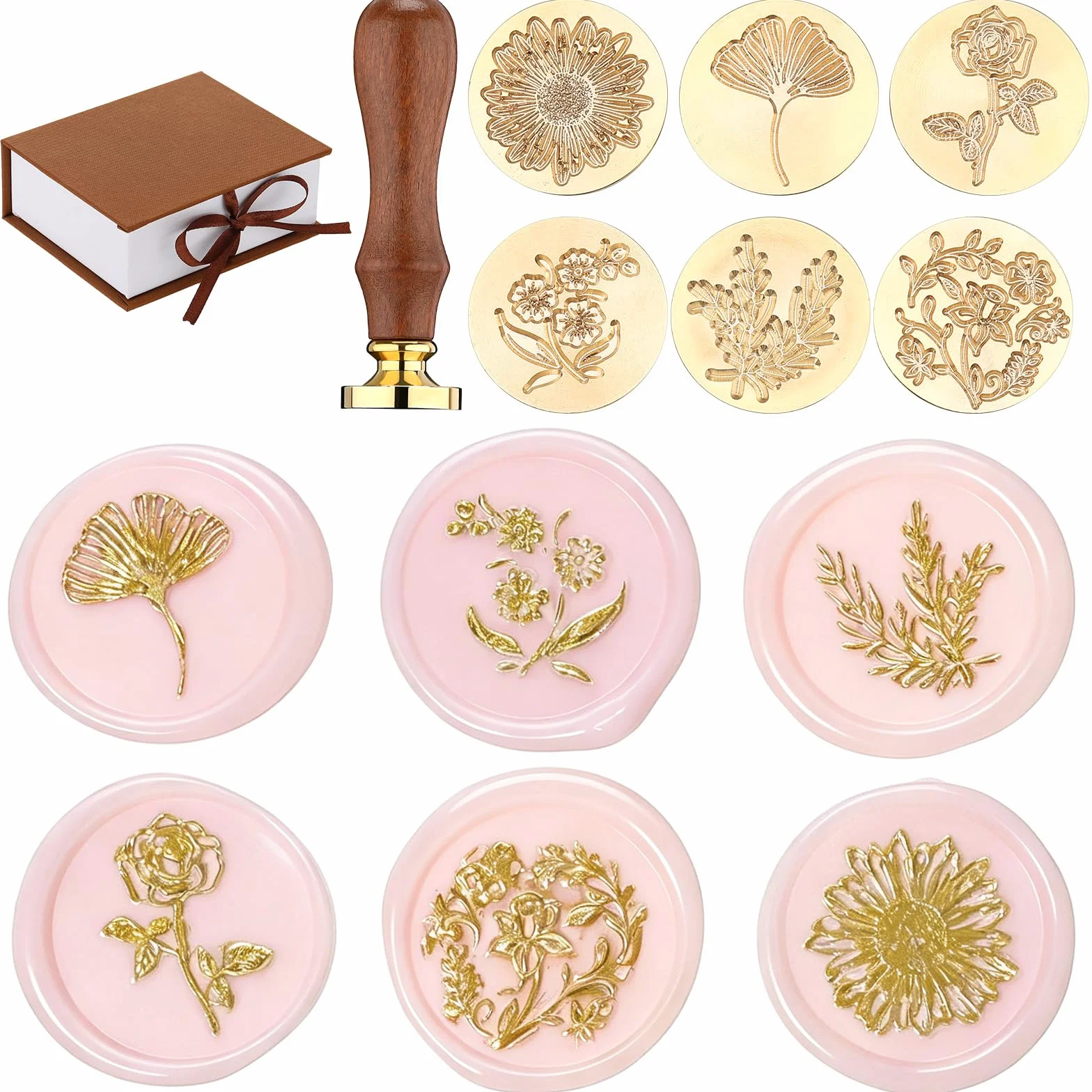 Set de Sellos de Sellado de Cera, Sellos Florales Kit de Estampador de Sellado Botánico, Sellos Postales de Boda, Mango de Madera con Cabeza de Latón de Hoja Planta Rosa para Boda, 6 Piezas