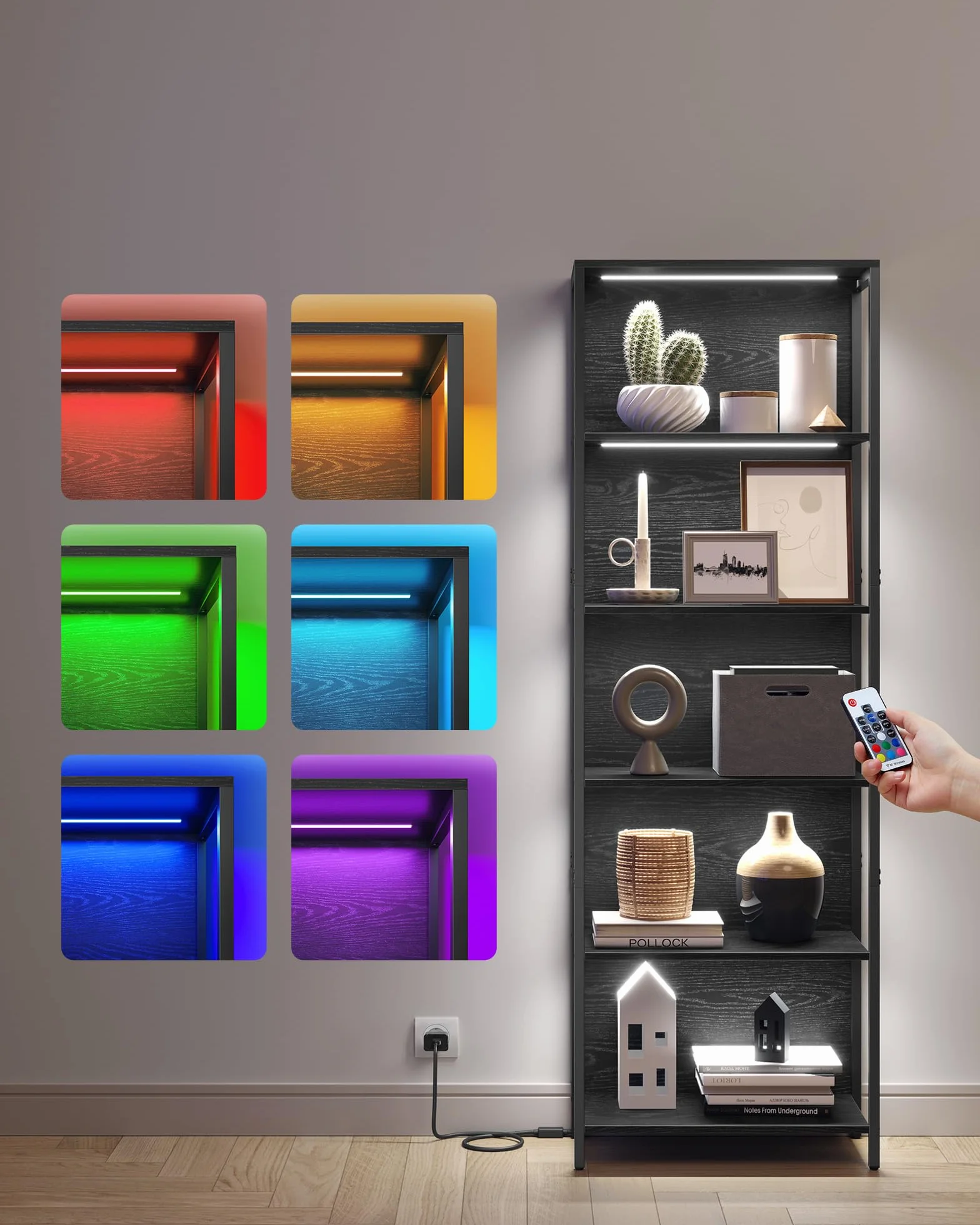 VASAGLE Estantería de 6 Niveles con Luz LED, Librería con Luces Ajustables, Marco de Acero, 30,3 x 60 x 178,6 cm, para Sala de Estar, Dormitorio, Oficina, Negro Ébano LLS120B57