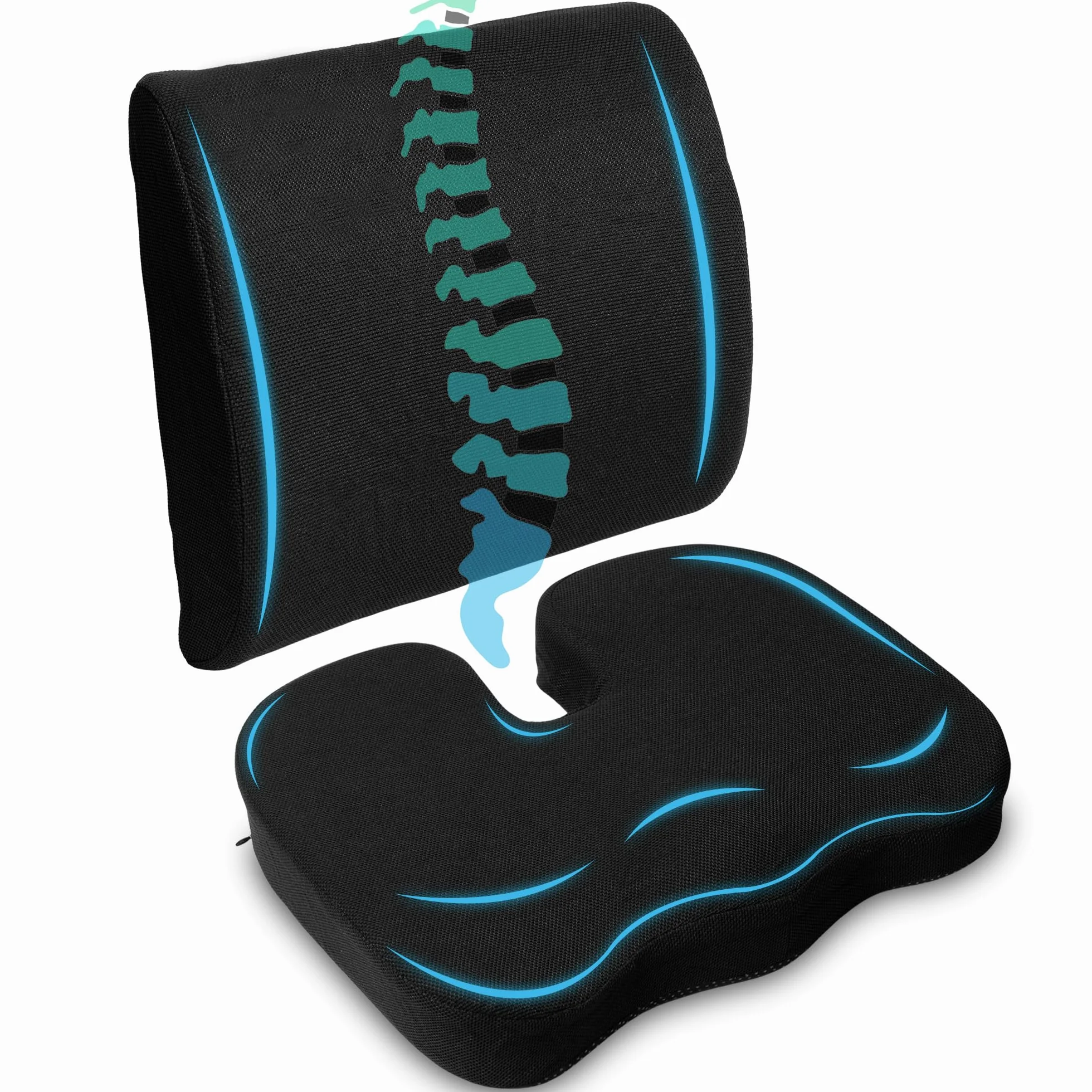Cojin Antiescaras + Cojin Lumbar Silla Oficina, Silla de Ruedas y Coche – Viscoelástico – Cojin Coxis – Cojines Antiescaras con Funda Lavable – Cojin Silla Oficina - Cojin Lumbar Coche