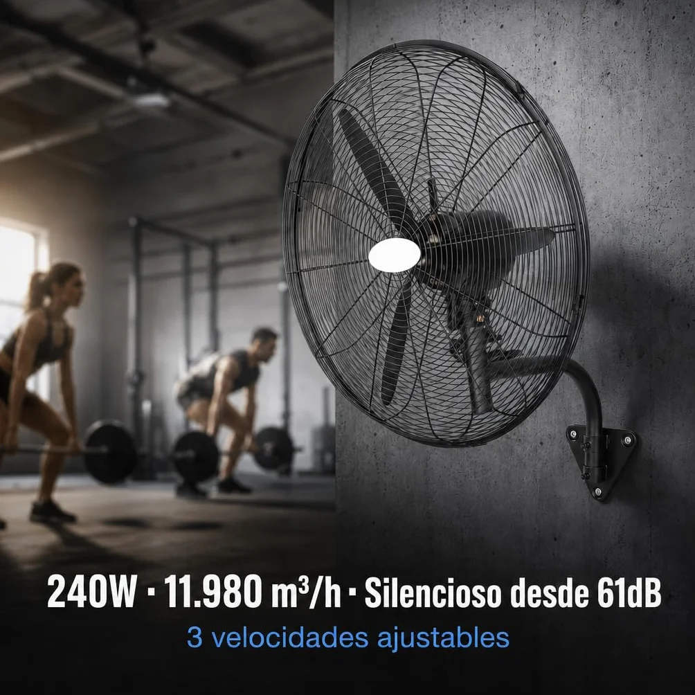 Ventilador Industrial Pared Negro Metal | Oscilante, Orientable y Ajustable | 3 Velocidades, 3 Aspas, Silencioso | Almacenes, Gimnasios, Talleres, Fábricas | Ø71cm | 240W | Protección calentamiento