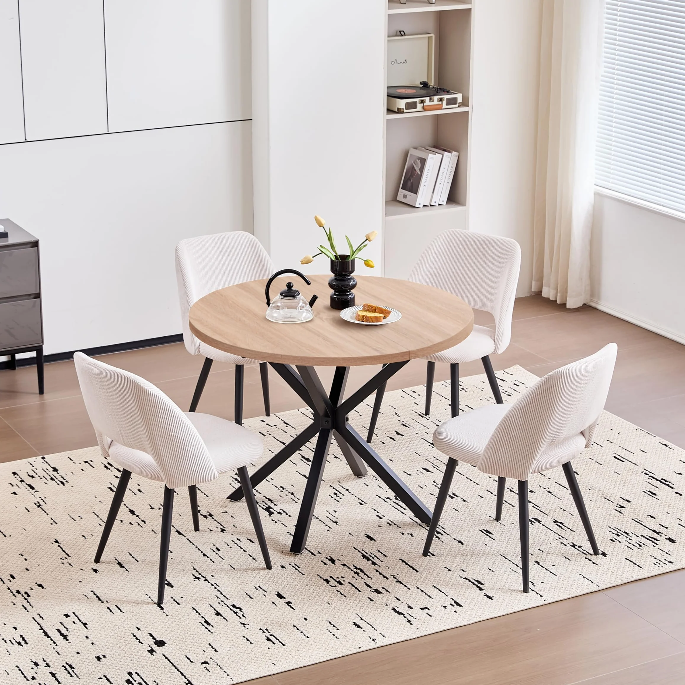Mesa de Comedor Redonda Moderna con Tablero de MDF, Patas de Metal Negro, Adecuada para Salón, Cocina, Comedor, Mesa de Comedor Nórdica, 100 cm - Textura de Roble Claro