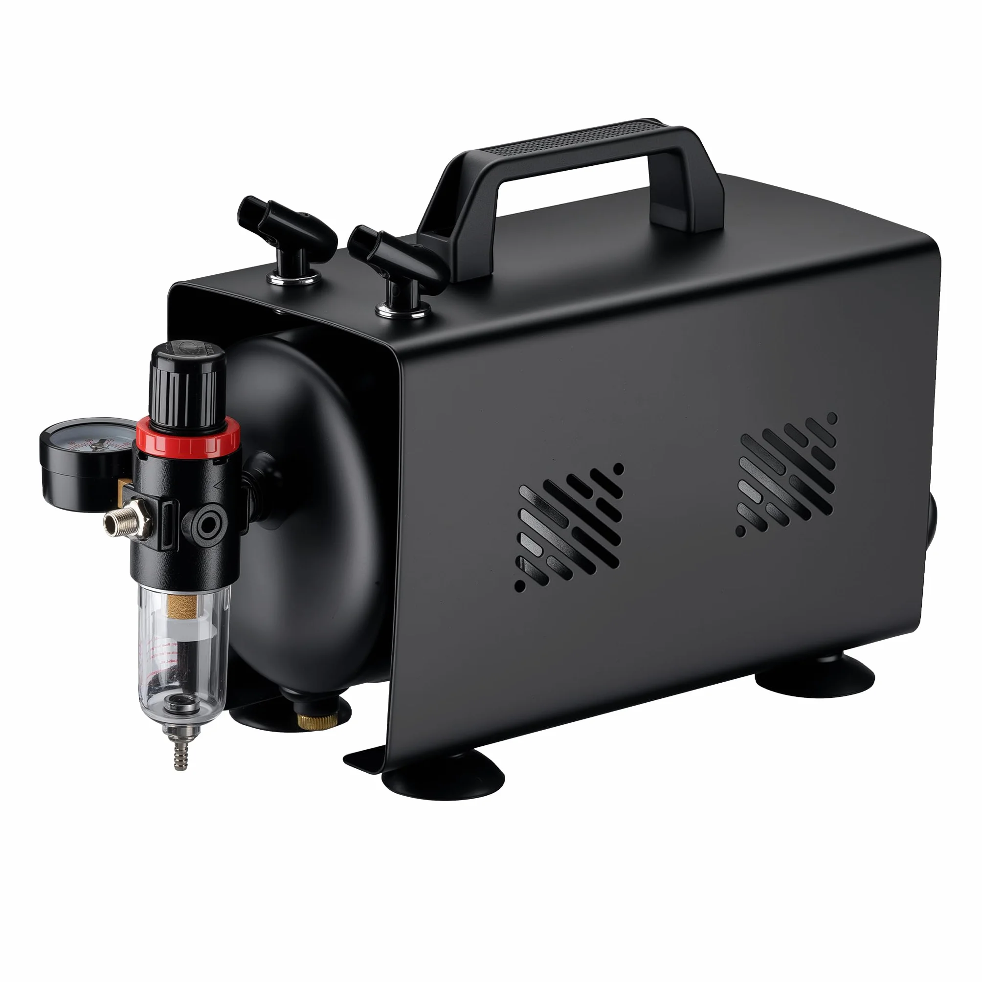 Wiltec Compresor para aerógrafo AS18TB 1/6 CV, compresor de aire comprimido con caudal de 20-23 l/min, para pistola aerográfica con 2 salidas y manómetro, diseño con pistola de aerografía