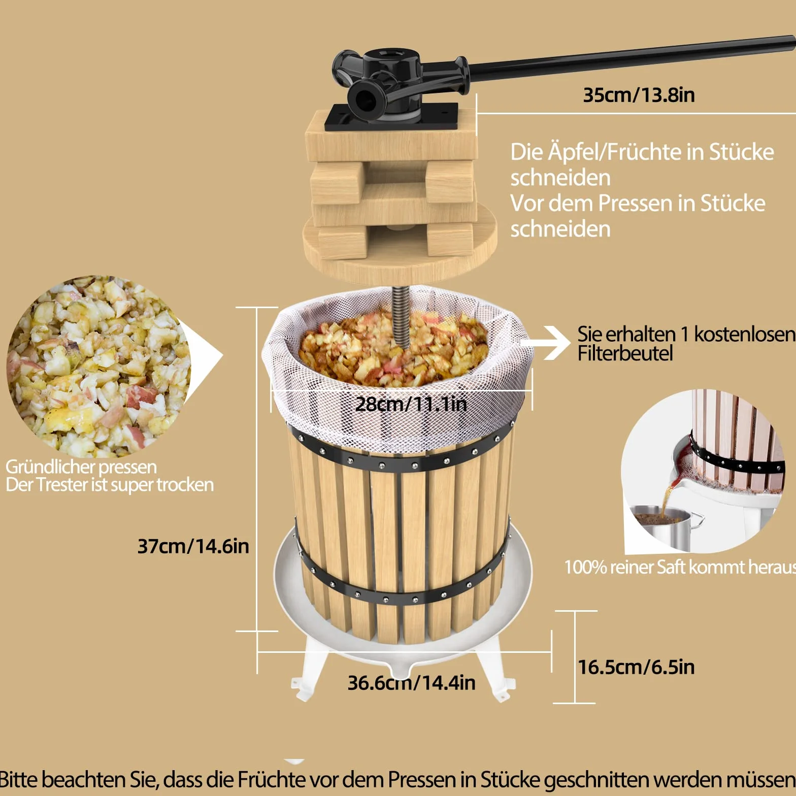 Prensa de frutas de 18 l, con cesta de madera para zumo natural, uva, baya, manzana, prensa de frutas, prensa de vino, incluye red de prensado gratuita