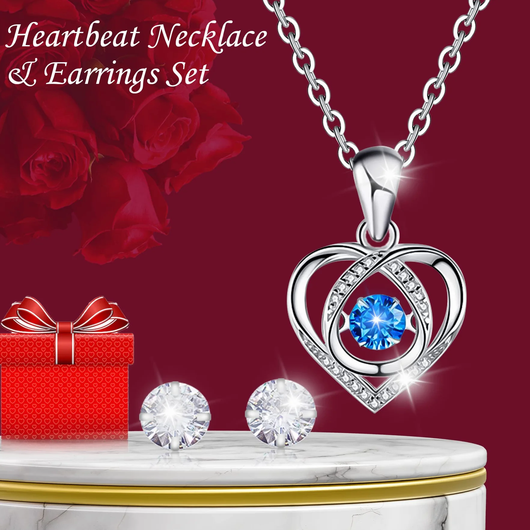 Rosa Eterna Rojo Caja de Regalo Rosa Preservada con Collar de Corazón y Aretes para Mujer