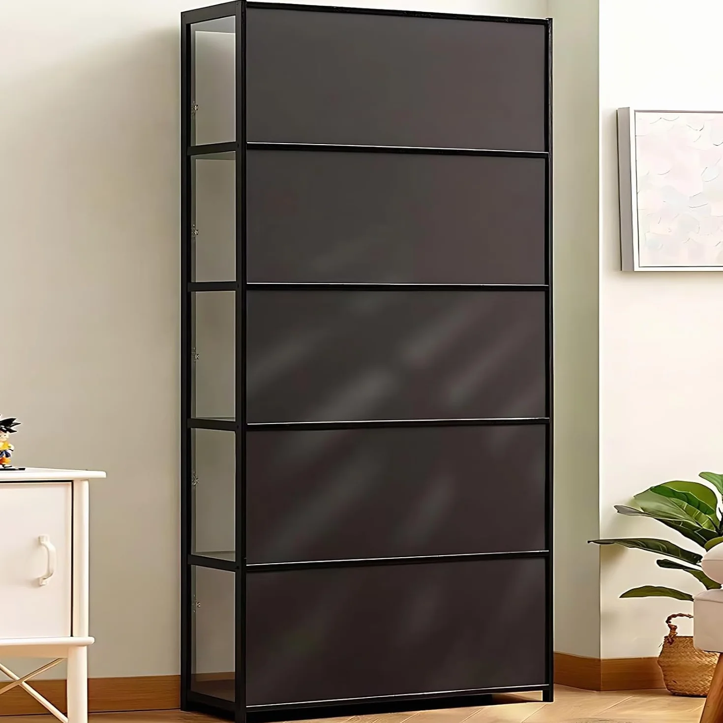 Vitrina de 5 pisos de pie, armarios Curio, estantería con puertas, puertas acrílicas transparentes, vitrina de coleccionista para sala de estar, oficina, libros, sala de juegos (Doble puerta negra)