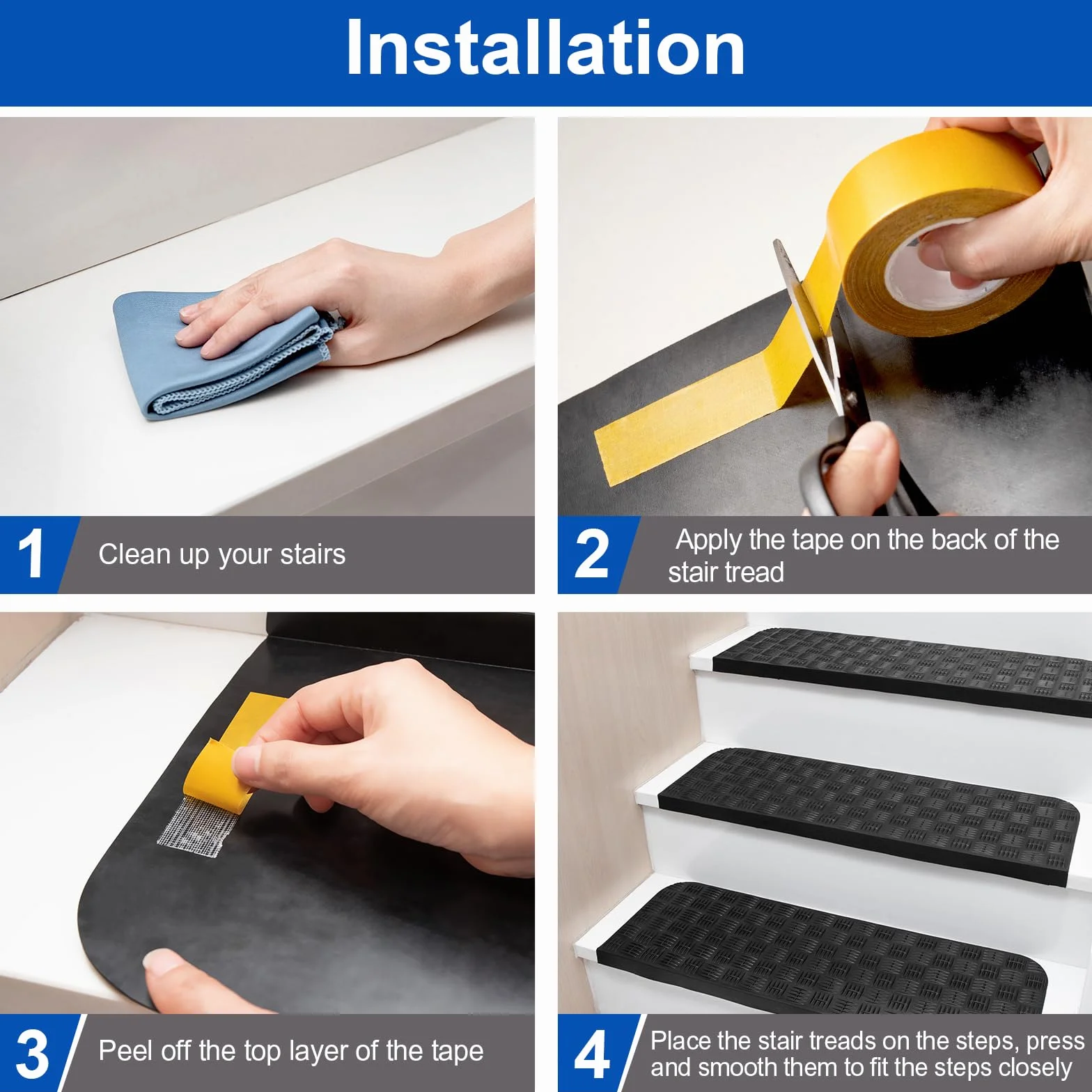 Spurtar Juego de 5 Cinta Caucho Sintético，65 x 25 cm Antideslizante Escaleras Alfombrillas de Goma para Escaleras, Antideslizantes para Interiores y Exteriores Moqueta Adhesiva con Doble Cara
