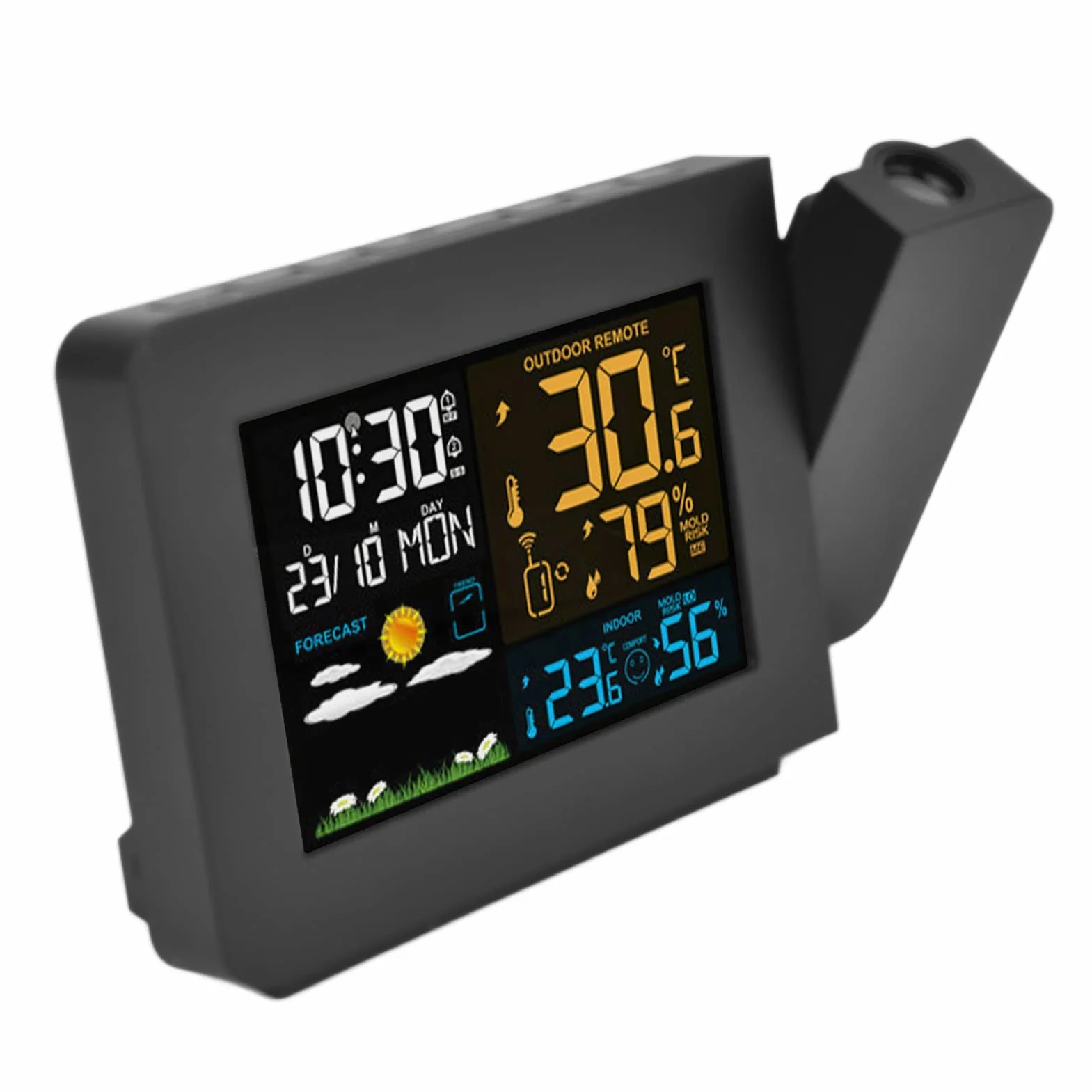 CHICIRIS Reloj Despertador Digital con Proyección para Dormitorio Estación Meteorológica Inalámbrica Termómetro Higrómetro Interior Exterior 7 Idiomas Alarma Dual