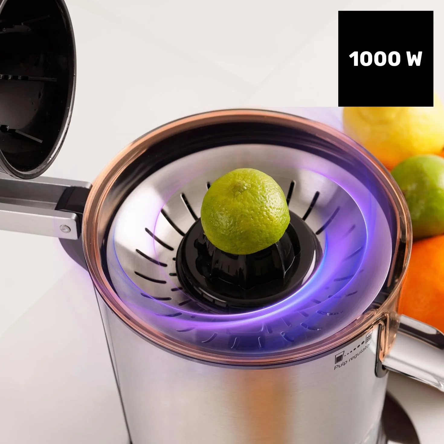 Taurus – Exprimidor Eléctrico de Brazo Easy Press 1000 Legend, 1000W, Vertido Continuo Antigoteo, Cono Todos los Cítricos, Filtro Pulpa Ajustable, Depósito 650ml, Sin BPA, Antideslizante, Lavavajillas