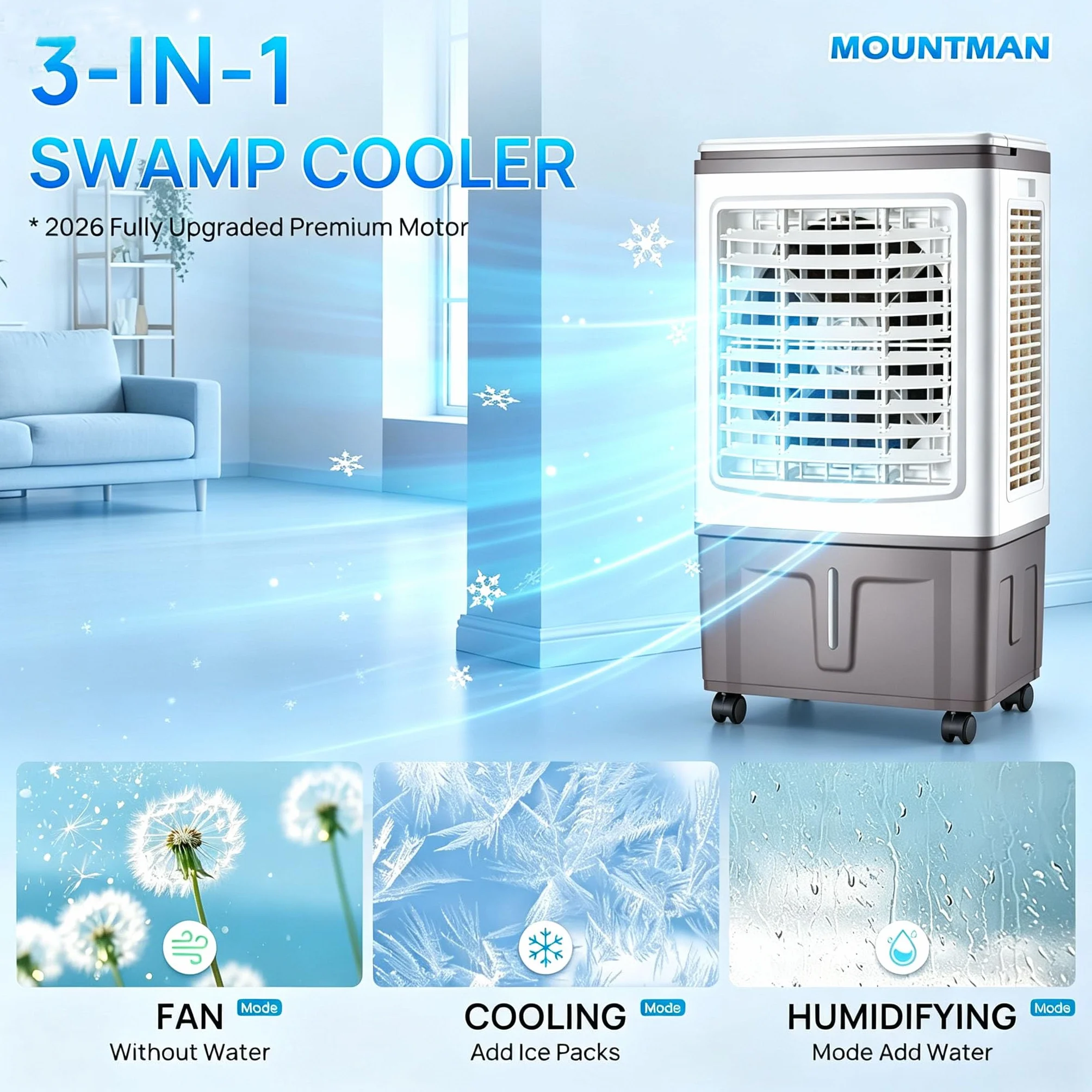 Enfriador de aire evaporativo, ventilador enfriador de aire portátil de 75 W con tanque de agua, hasta 30 L, entrada de aire mejorada de 3 lados, llenado superior, 3 modos, 3 velocidades para