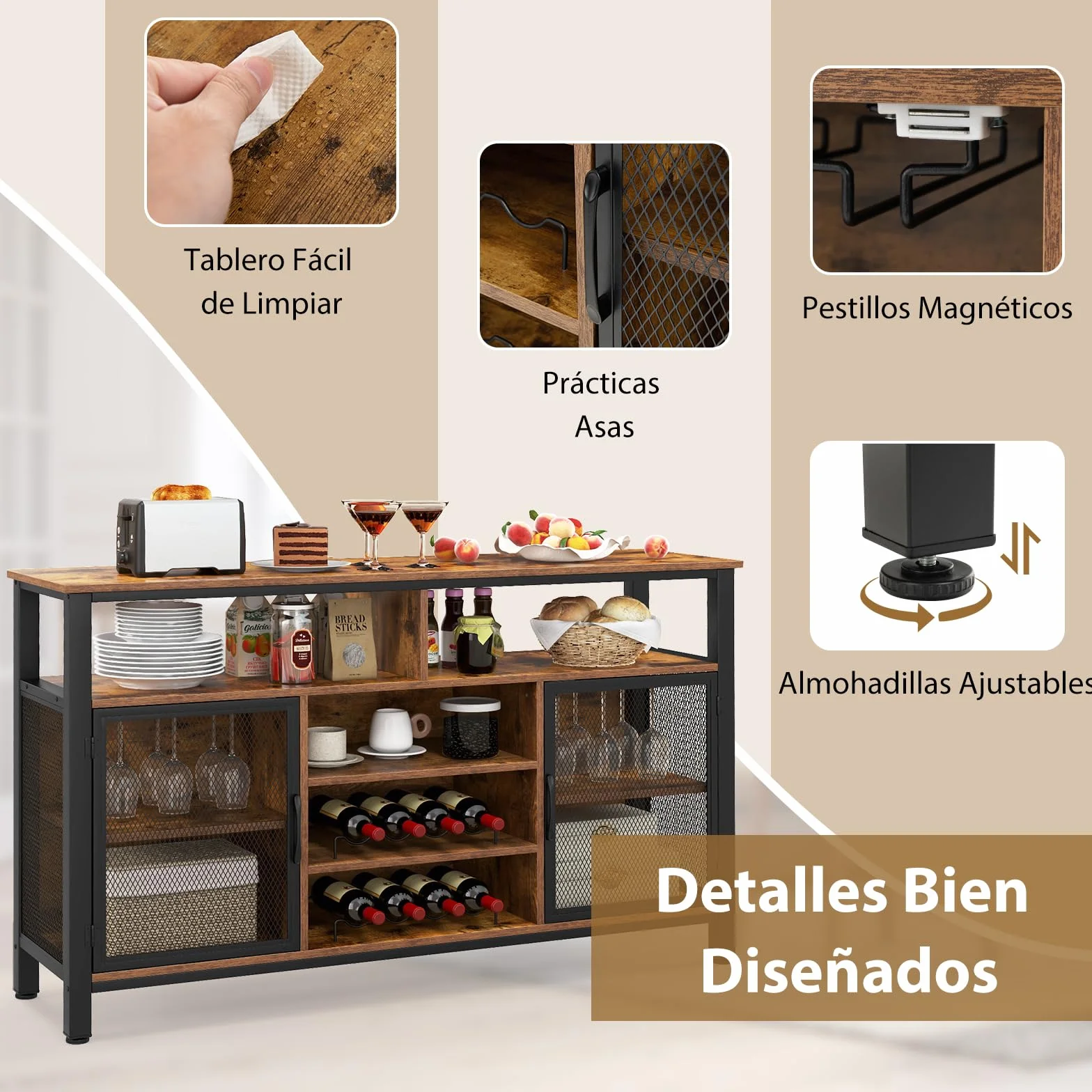 GOPLUS Mueble para Vinos, Estación de Café de 140 Cm con Estantes para 8 Botellas de Vino y Soportes para Copas, Aparador de Cocina con Almacenamiento para Comedor, Sala de Estar (Marrón)