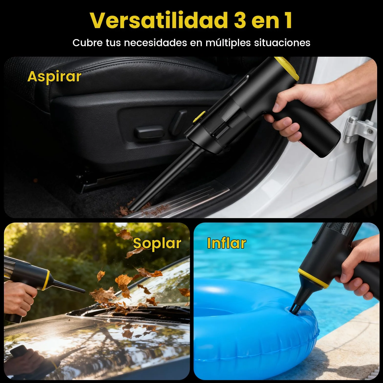 Aspiradora de Mano sin Cable 28000Pa,Mini Aspiradora Portátil para Coche,hasta 60 Min,3 en 1 Aspirar/Soplar/Inflar,Pantalla LED y Luz Verde,Motor Brushless,Hogar,Oficina y Pelo de Mascotas