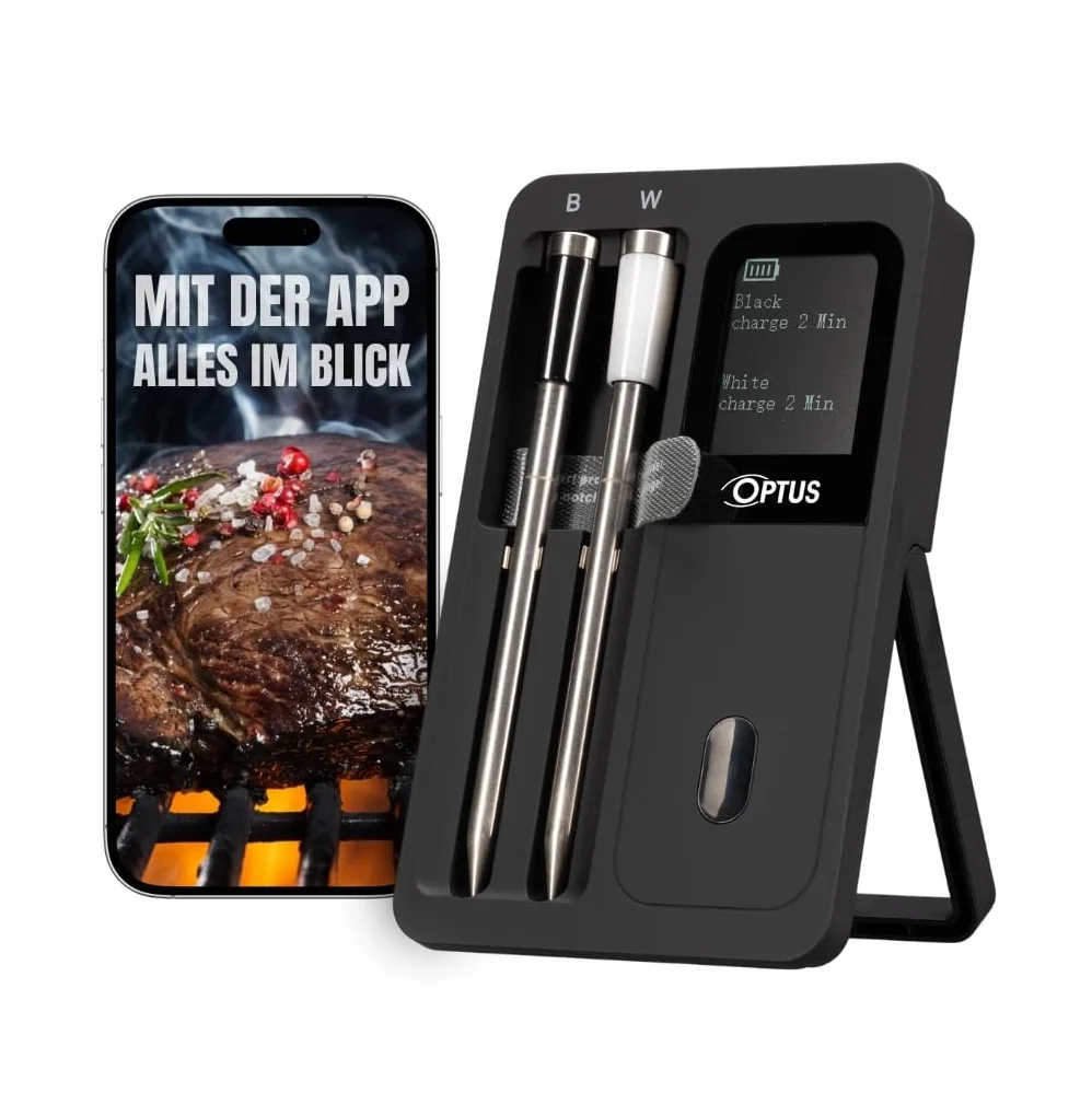 Optus Duo BF 40 Termómetro barbacoa Bluetooth con 2 sondas inalámbricas | Rango 0 a 100 °C, Bluetooth 5.2 hasta 60 m, pantalla sin app, IP67, alarma, USB C, mangos resistentes hasta 300 °C