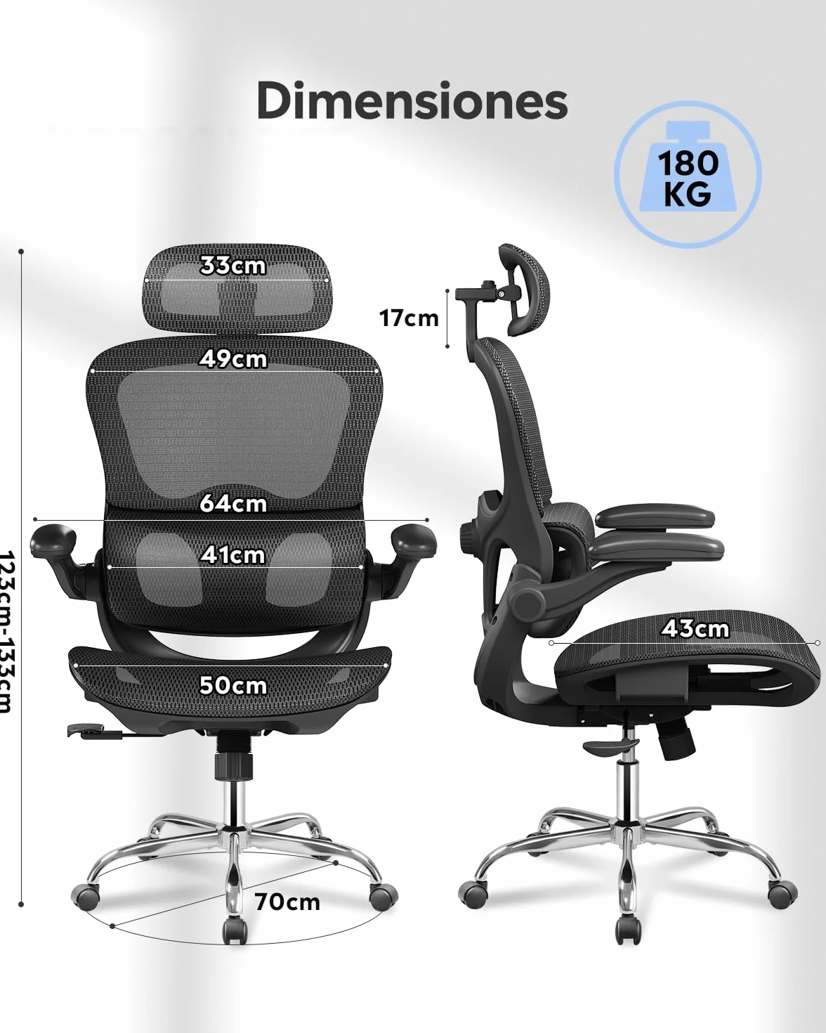 DEVAISE Silla de Oficina Ergonómica, Silla Ergonomica Escritorio con Reposacabezas 3D Ajustable, Reposabrazos Regulables, Respaldo Transpirable y Soporte Lumbar para Home Office, Negro