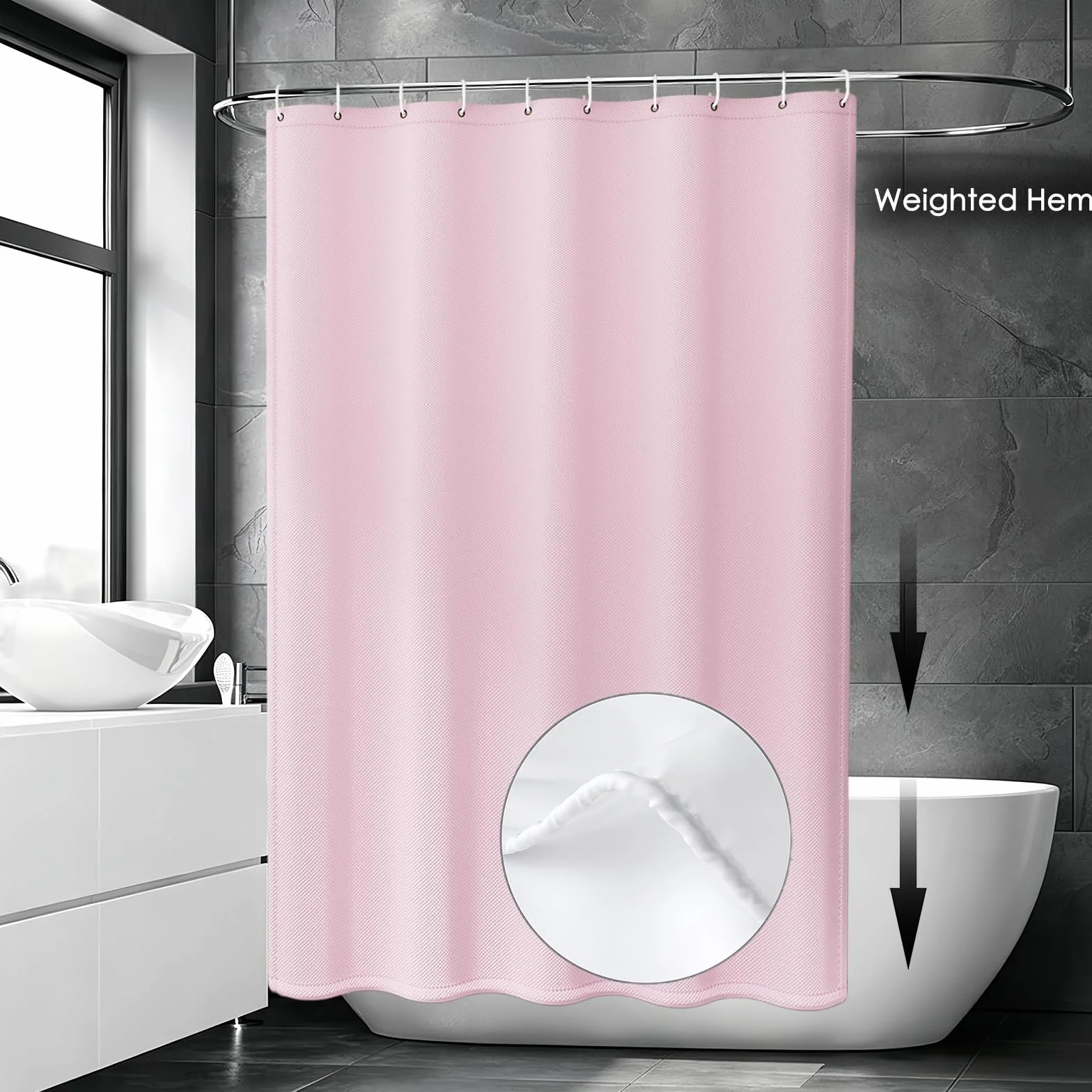 Cortina de Ducha de Tela 240 x 80 cm Cortina de Ducha Resistente Al Moho - Antimoho, Impermeable, Lavable, de Poliéster con Ojales y Anillos, para Baño, Bañera, Rosa