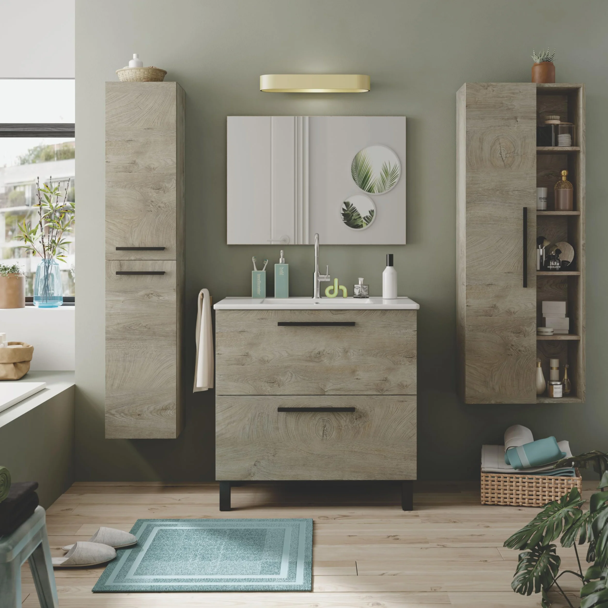 Mueble de Baño Sense 80 cm Roble Alaska con 2 Cajones y Espejo