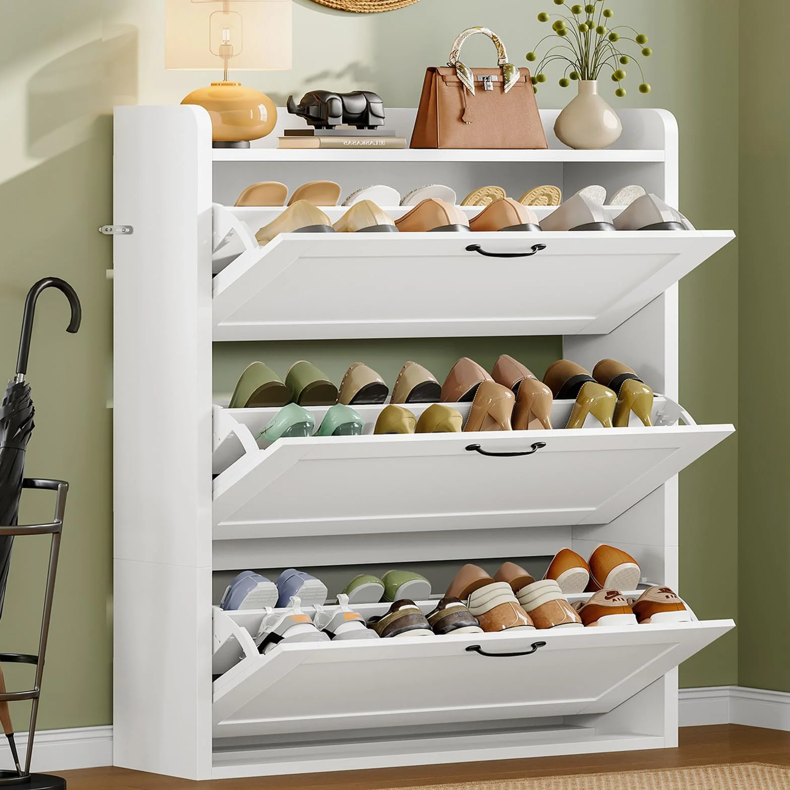 TEENFON Mueble Zapatero Recibidor Estrecho – 80 cm de Ancho, Armario Zapatero con 3 Solapas y Estantes Ajustables, para 18–24 Pares de Zapatos, Apto para Pasillo, Recibidor, Dormitorio, Blanco
