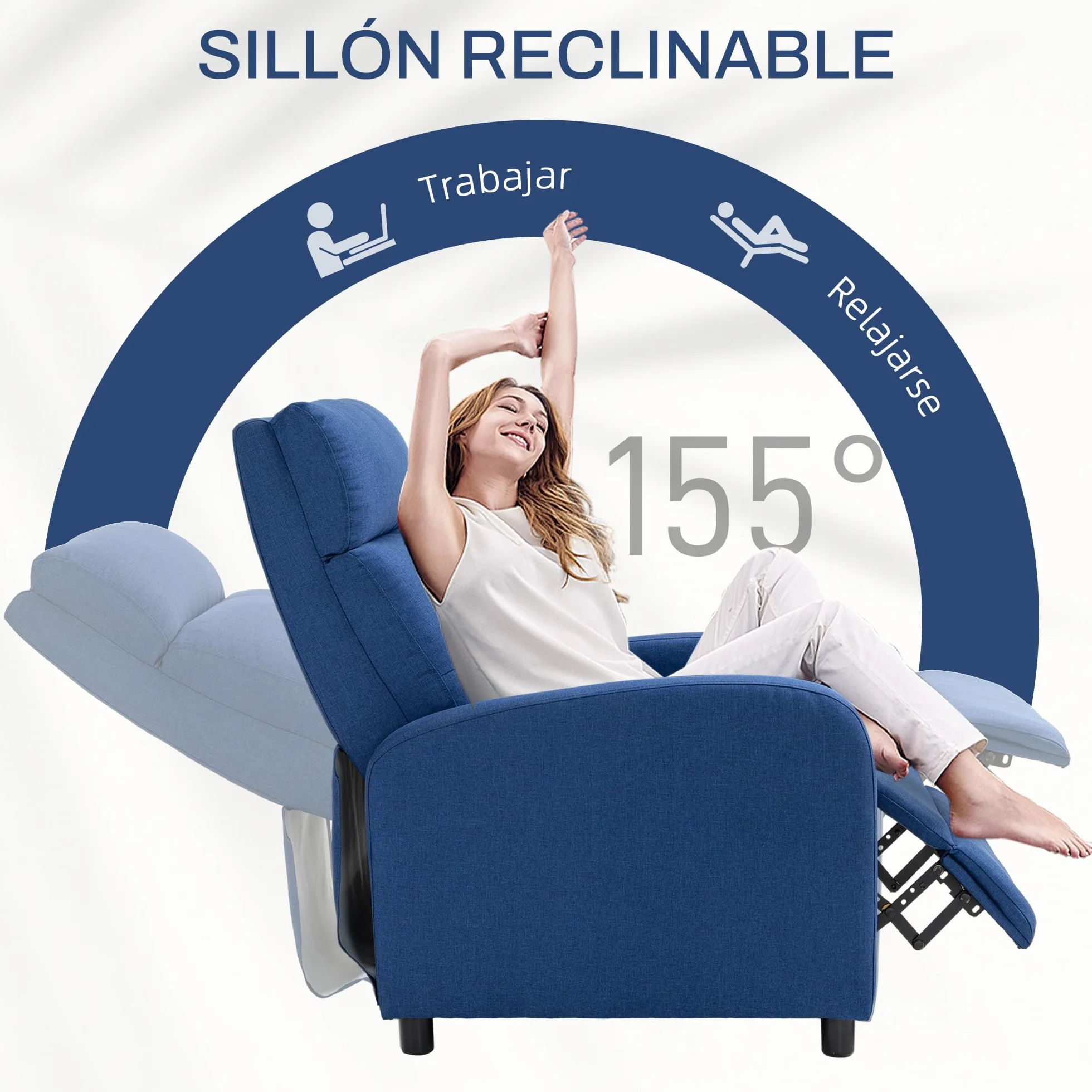 HOMCOM Sillón Relax Reclinable Manual, Sillón Relax de Lino con Apertura Push, Reposapiés, Respaldo Alto, Acolchado Grueso, Butaca Reclinable hasta 155º para Salón, Dormitorio, Oficina, Azul