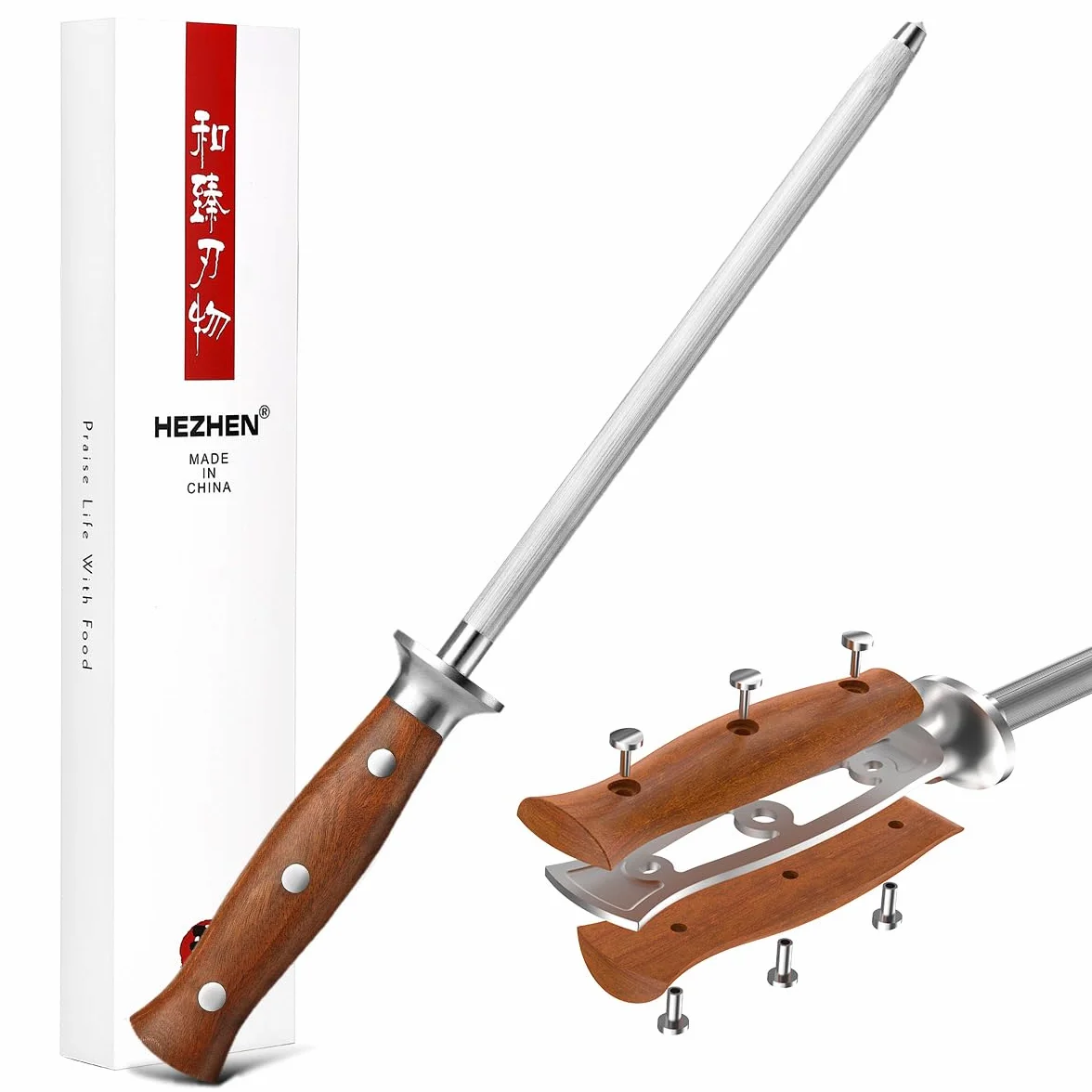 HEZHEN Chairas Afiladores de Cuchillos de Acero de Alto Carbono, Barra de Afilar Acero Inoxidable para Afilar Cuchillos de Cocina, Mango de Madera