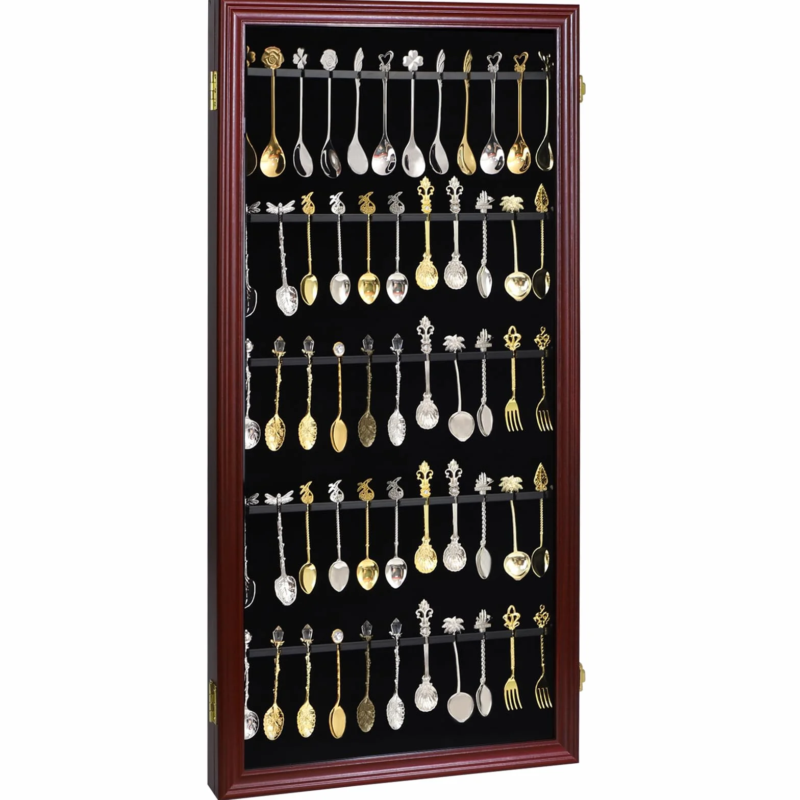 Expositor de 60 cucharas de té de recuerdo, colección de coleccionistas, soporte de pared de madera con 98% acrílico UV con cerradura (60 cucharas, cereza)