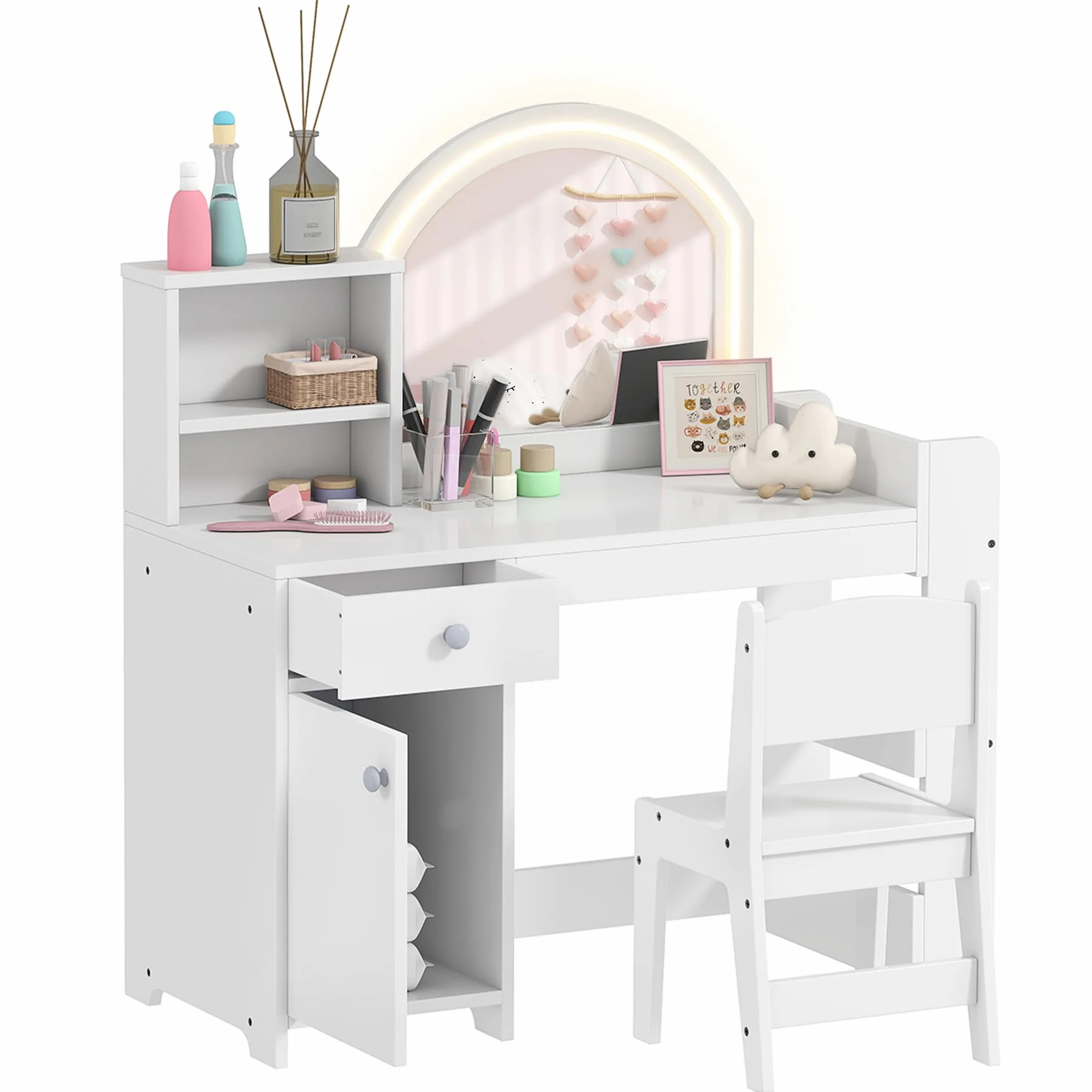 AIYAPLAY Tocador de Maquillaje Niña Infantil con Taburete, Espejo LED, Cajón y Estantes, Blanco