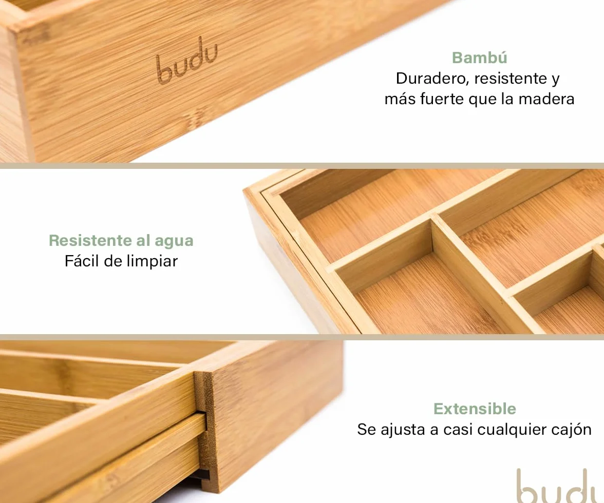 Bandeja para Cubiertos Extensible de Bambú 47 cm, Organizador de Cubiertos Ajustable para Cajón