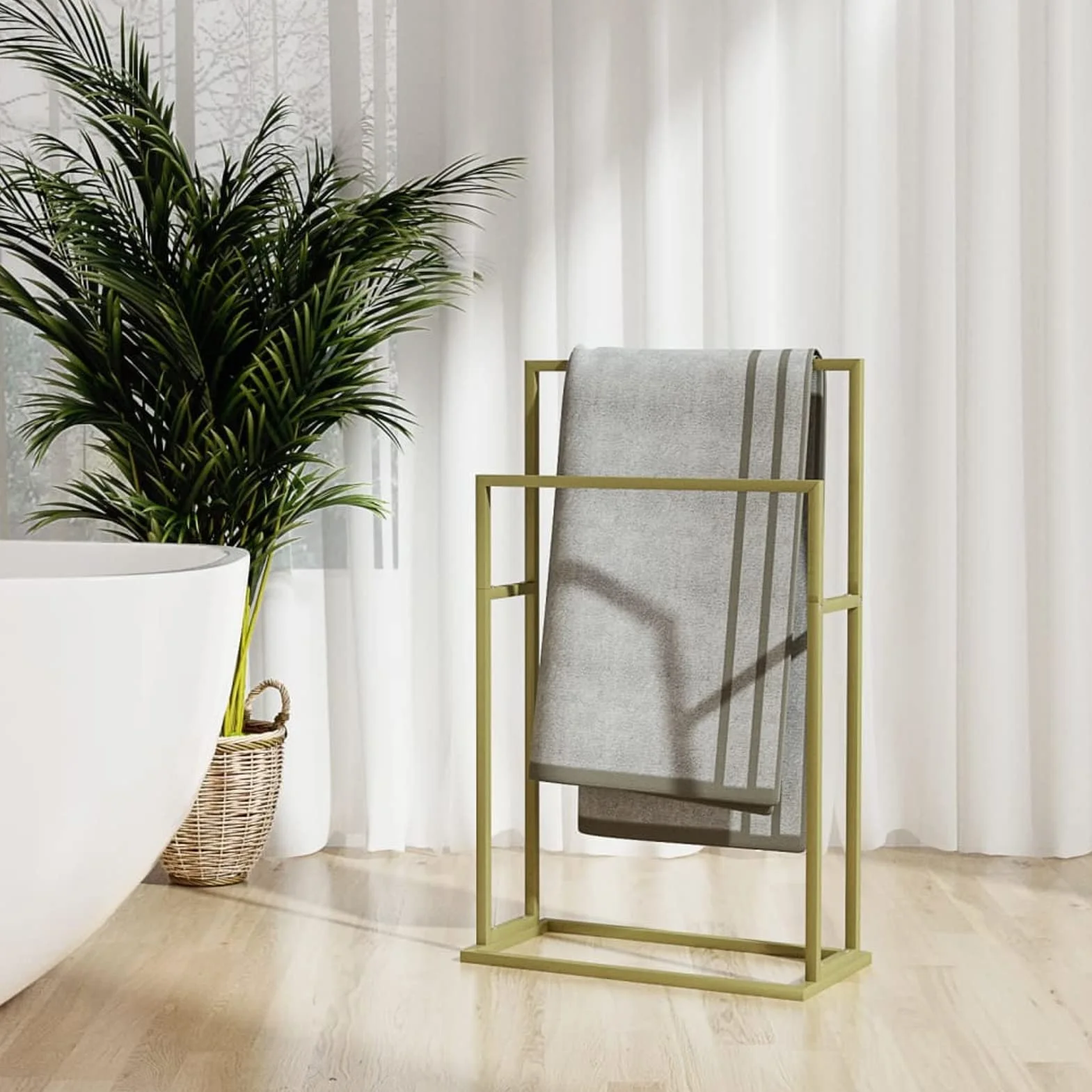Homgoday Toallero independiente dorado de 48 x 24 x 78,5 cm de hierro, organizador de estante de baño, estante de almacenamiento de ducha, soporte para champú de baño, accesorios de baño, hogar y