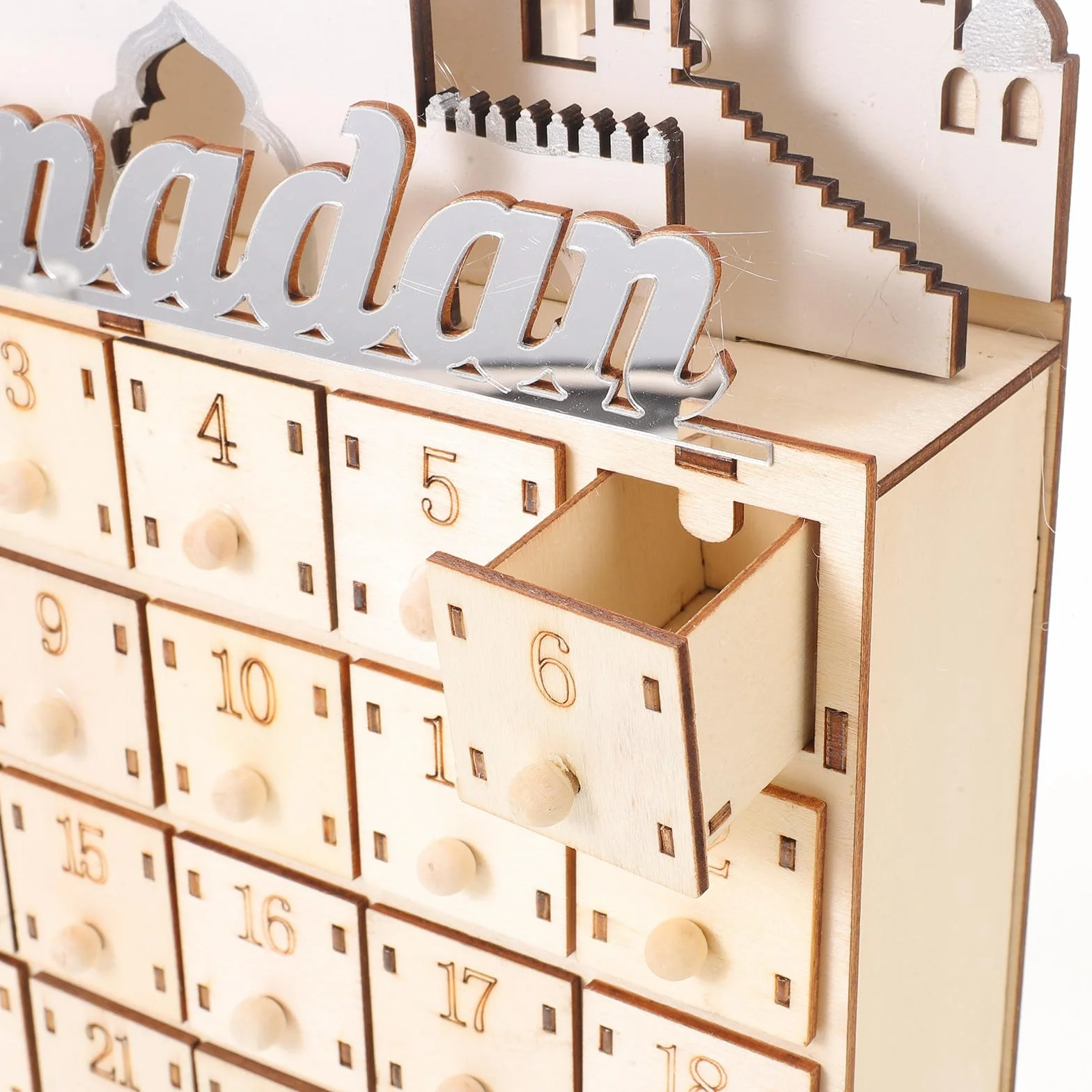 STOBAZA Calendario de Cuenta Regresiva para Ramadán con 30 Cajones de Madera y Luz Led, Decoración Beige Hogar y Festival de Eid Mubarak