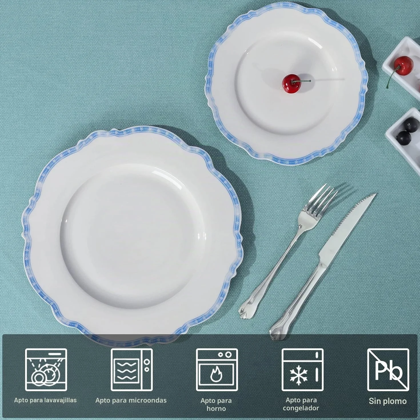 fanquare Juego de 4 Platos de Porcelana con Borde Estrella Azul, 27,5 cm Platos Llanos Redondos Vajilla Grande de Casa Gastronomía | Platos curvados para comidas diarias, fiestas, banquetes, microondas